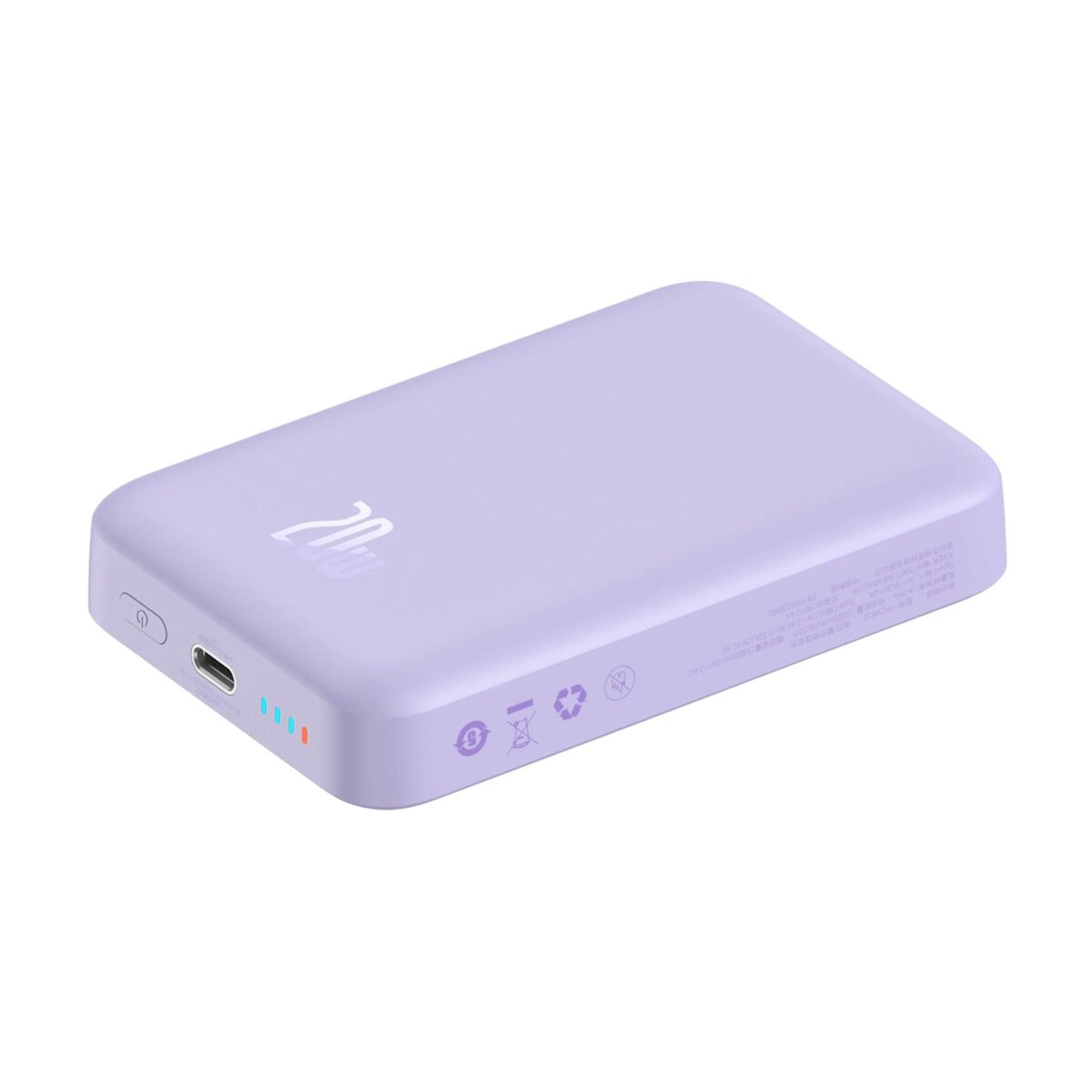Un power bank lavanda con display digitale e icone, su sfondo bianco.