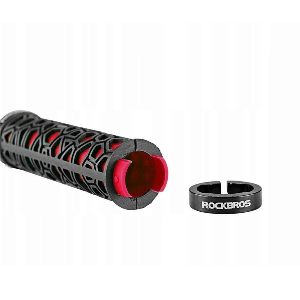 Schwarzer Lenkergriff mit roter Endkappe. Rockbros-Logo sichtbar.