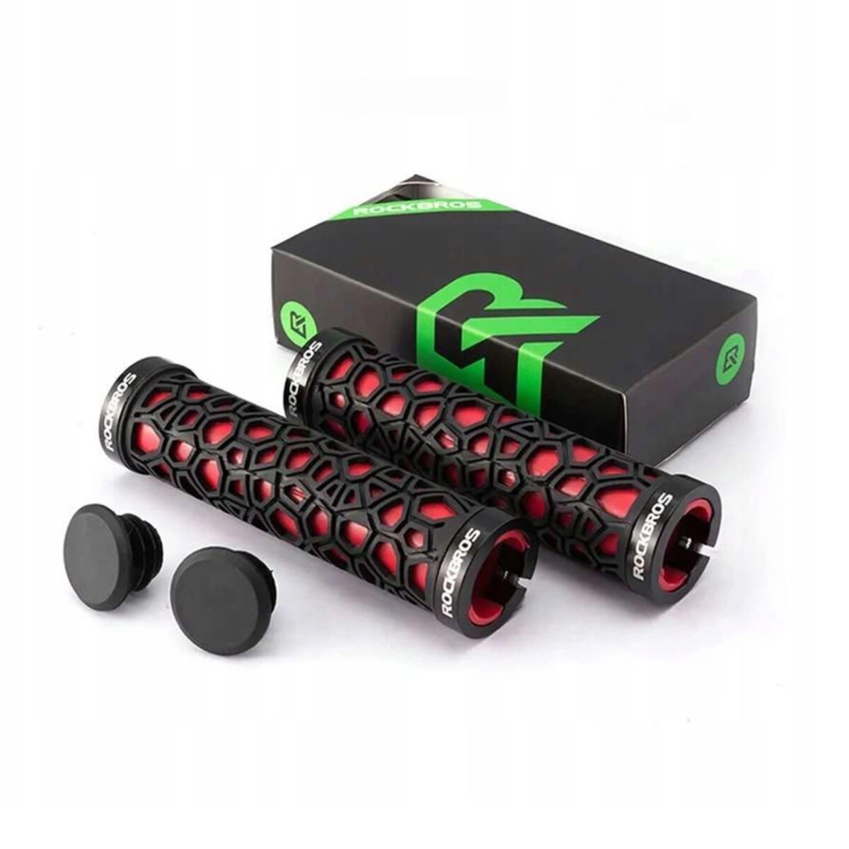 Zwei schwarze Fahrradgriffe mit roten Akzenten und eine schwarze Box. 'ROCKBROS' ist sichtbar.