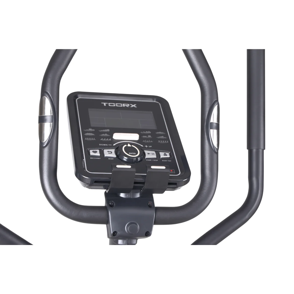 Console van trainingsmachine. Het scherm toont knoppen, T-OORX-logo zichtbaar.
