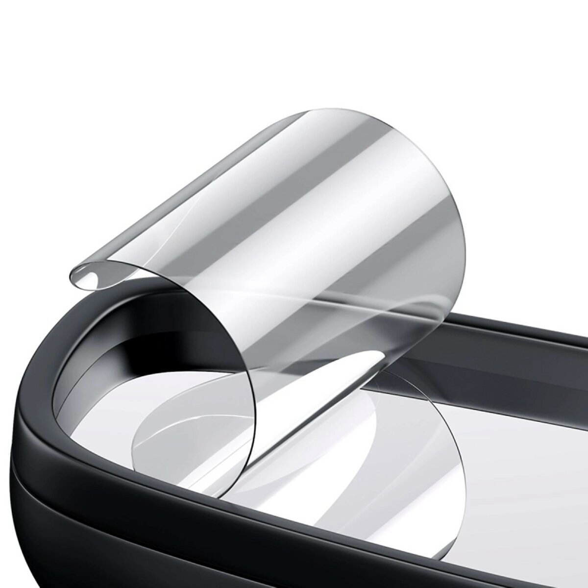 Przezroczysta ochrona ekranu odklejana od czarnego, zakrzywionego ekranu, z odbiciem.