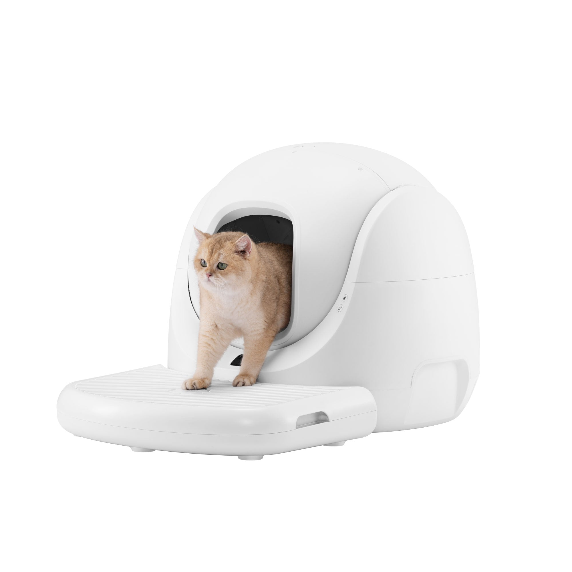 A cat exiting a white, modern automatic cat litter box.