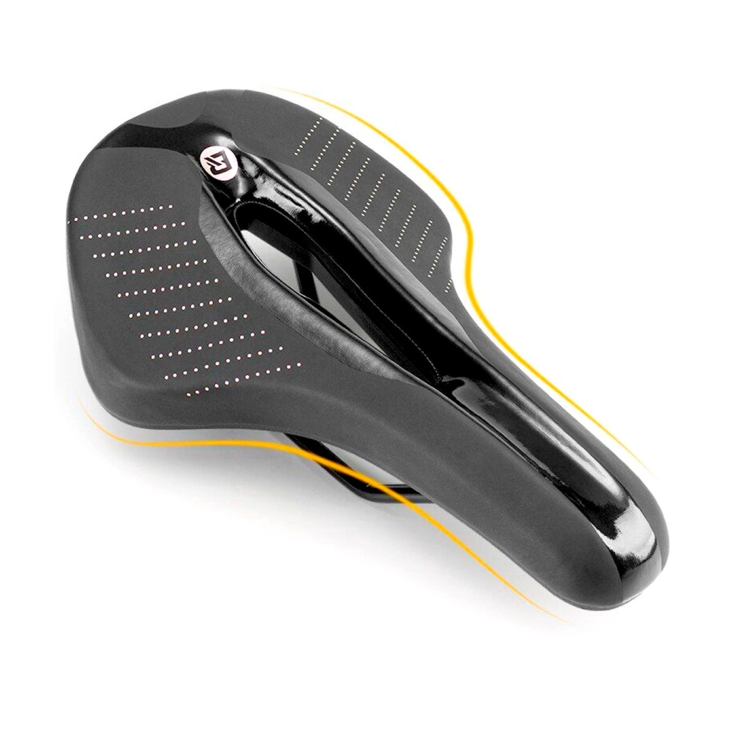 Czarne siodełko rowerowe z białymi kropkami i żółtą linią na białym tle.