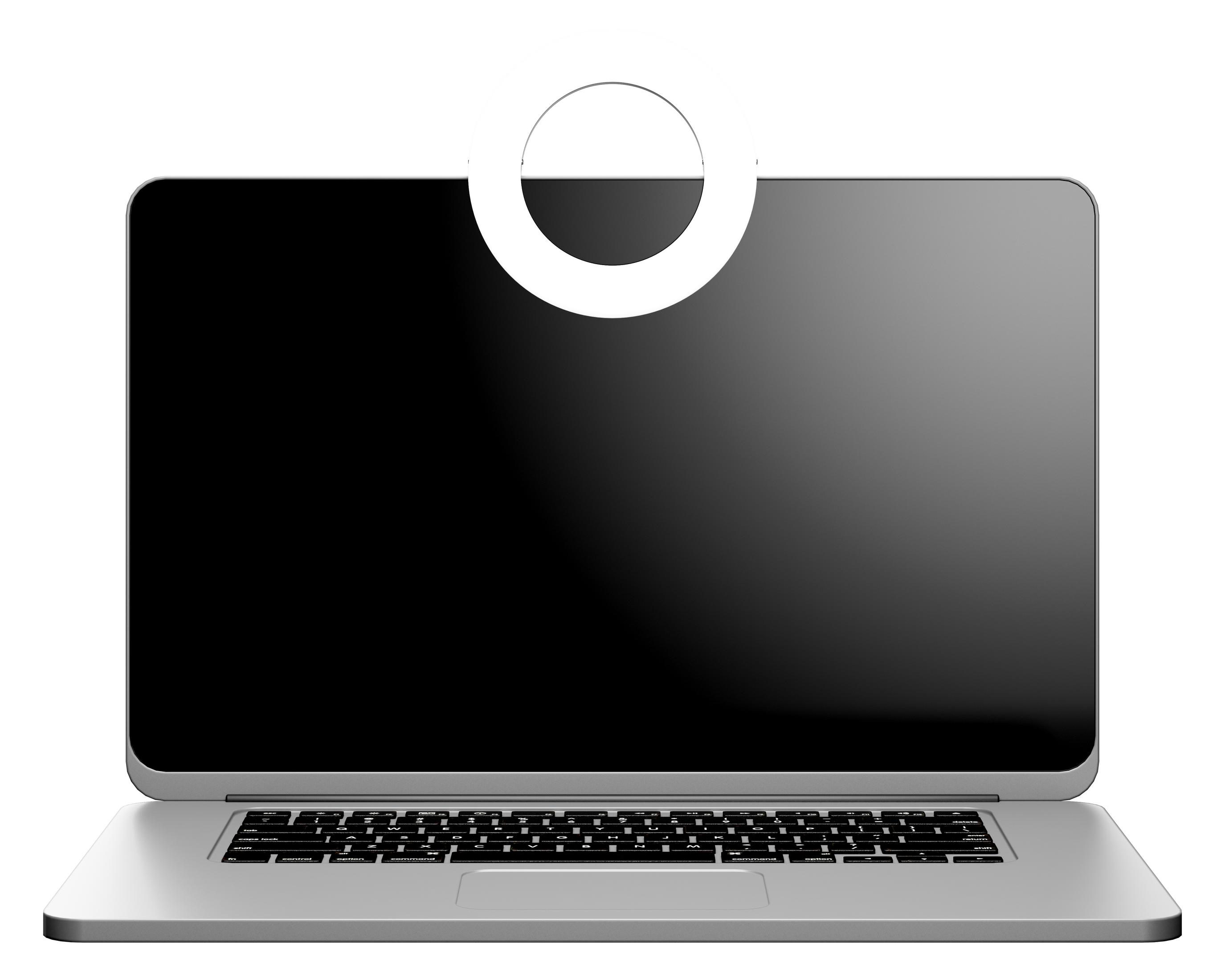 Ein silberner Laptop mit einem Ringlicht, das oben am Bildschirm befestigt ist.