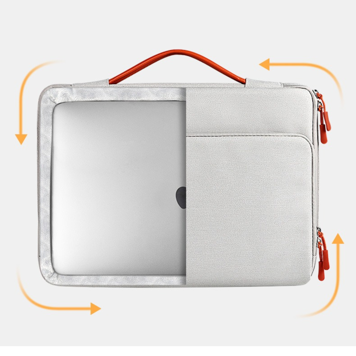 Graue Laptoptasche mit orangefarbenem Griff und Reißverschlüssen. Pfeile zeigen die Richtung an.