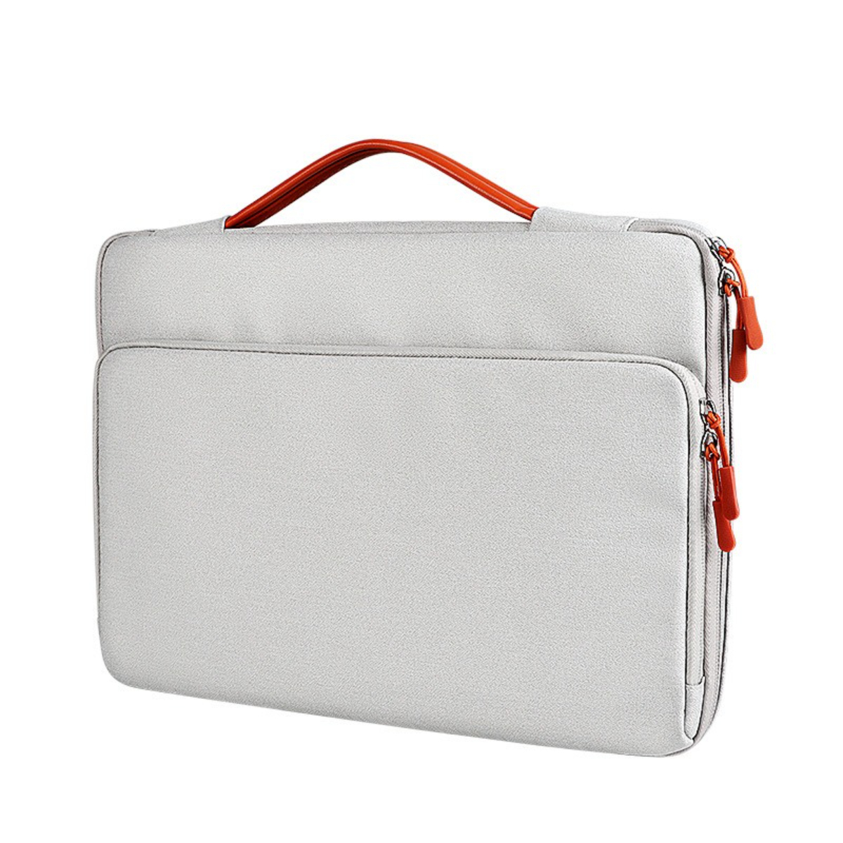 Graue Laptoptasche mit orangefarbenen Reißverschlüssen und Griff. Die Tasche befindet sich auf weißem Hintergrund.