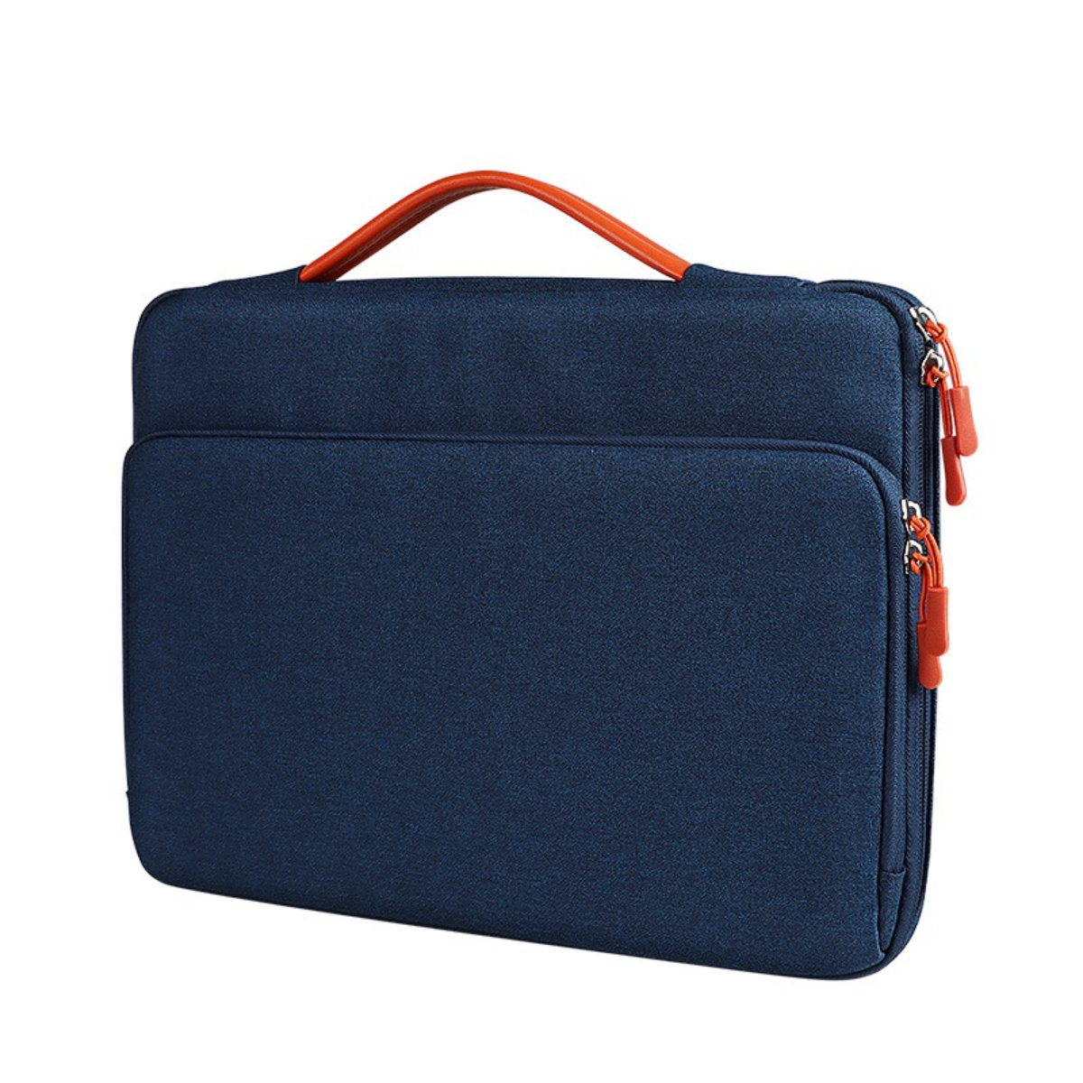 Marineblaue Laptoptasche mit orangefarbenen Griffen und Reißverschlüssen, auf Weiß.