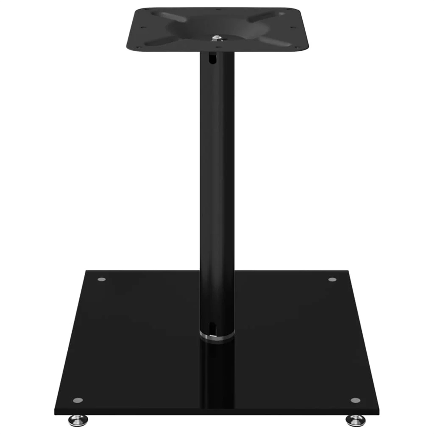 Schwarzes Metall-Tischgestell mit quadratischer Basis und zentraler Säule. Der Hintergrund ist weiß.