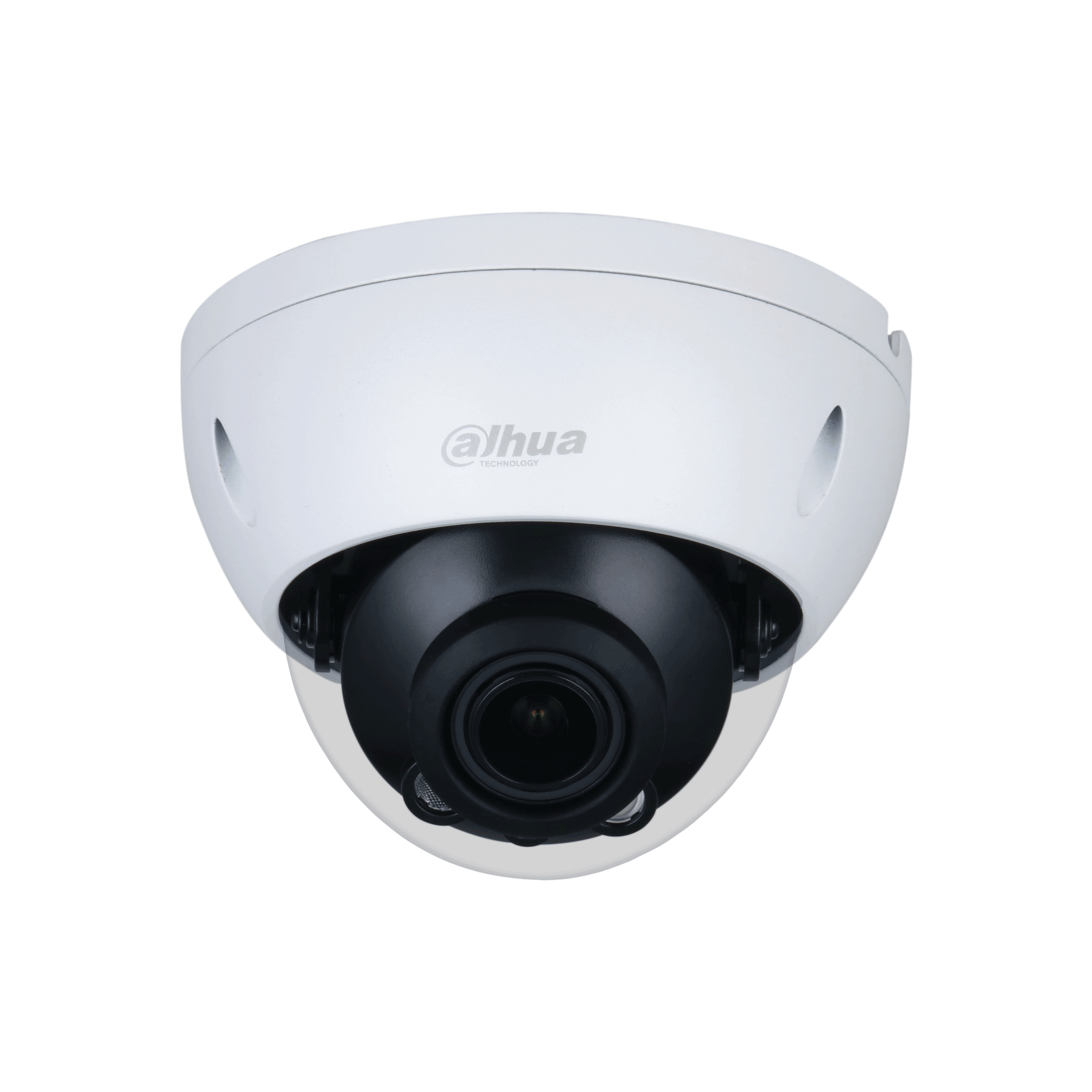 Een witte, koepelvormige beveiligingscamera met het Dahua-logo. Het heeft een donkere lens en een rond ontwerp.
