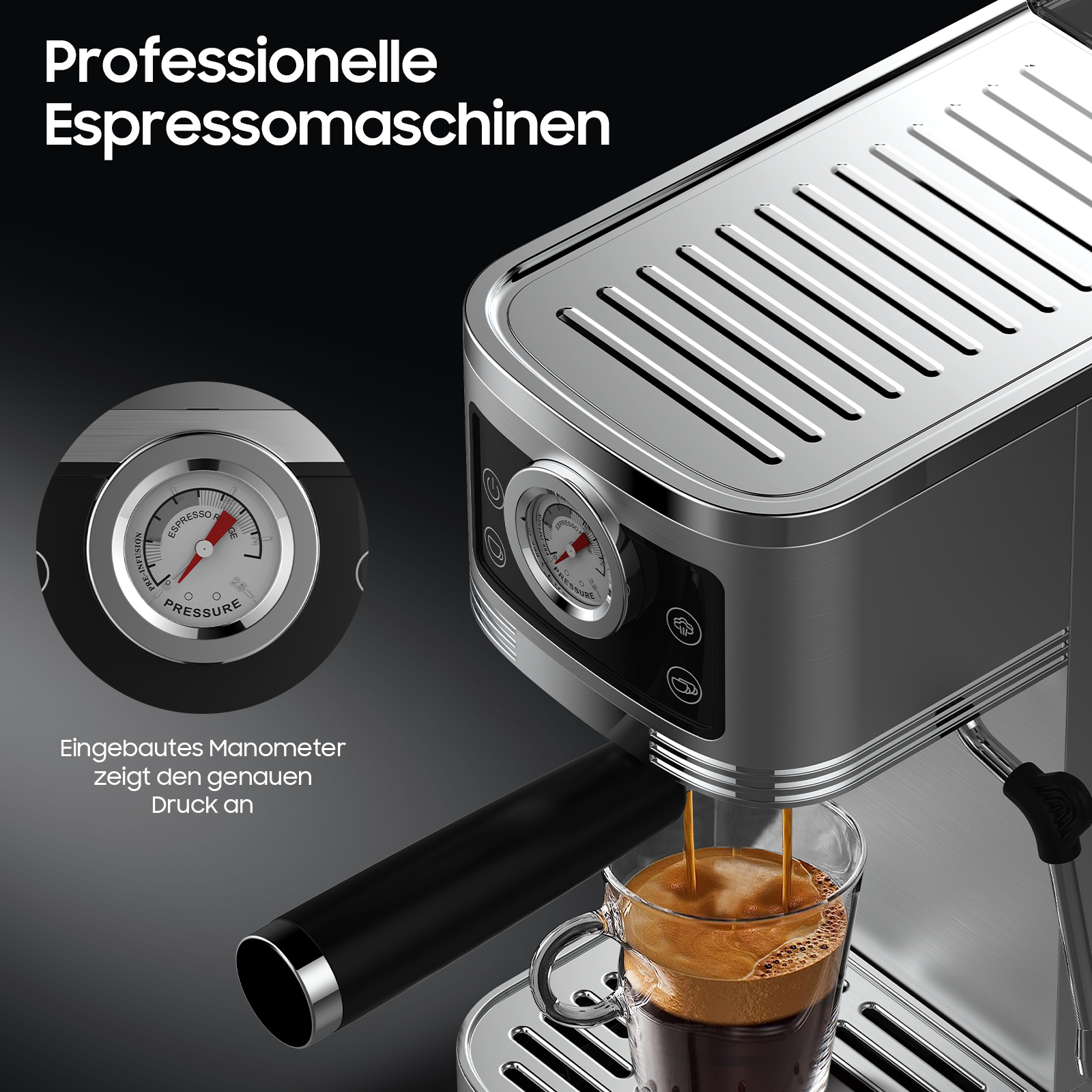 Espressomaschine mit einer Glastasse, die sich mit Kaffee füllt. Anzeigen und Text sichtbar.