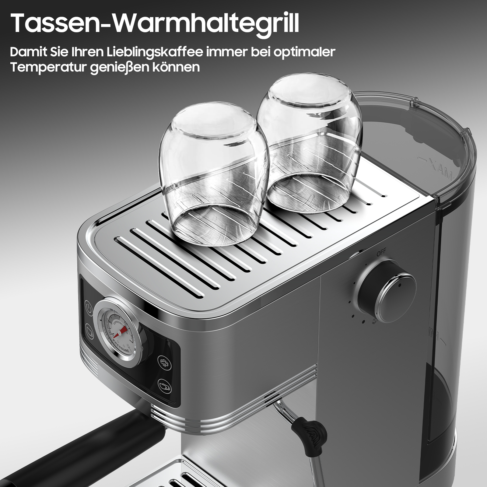 Silberne Kaffeemaschine mit zwei Gläsern oben drauf. Ein Zifferblatt und Knöpfe sind sichtbar.