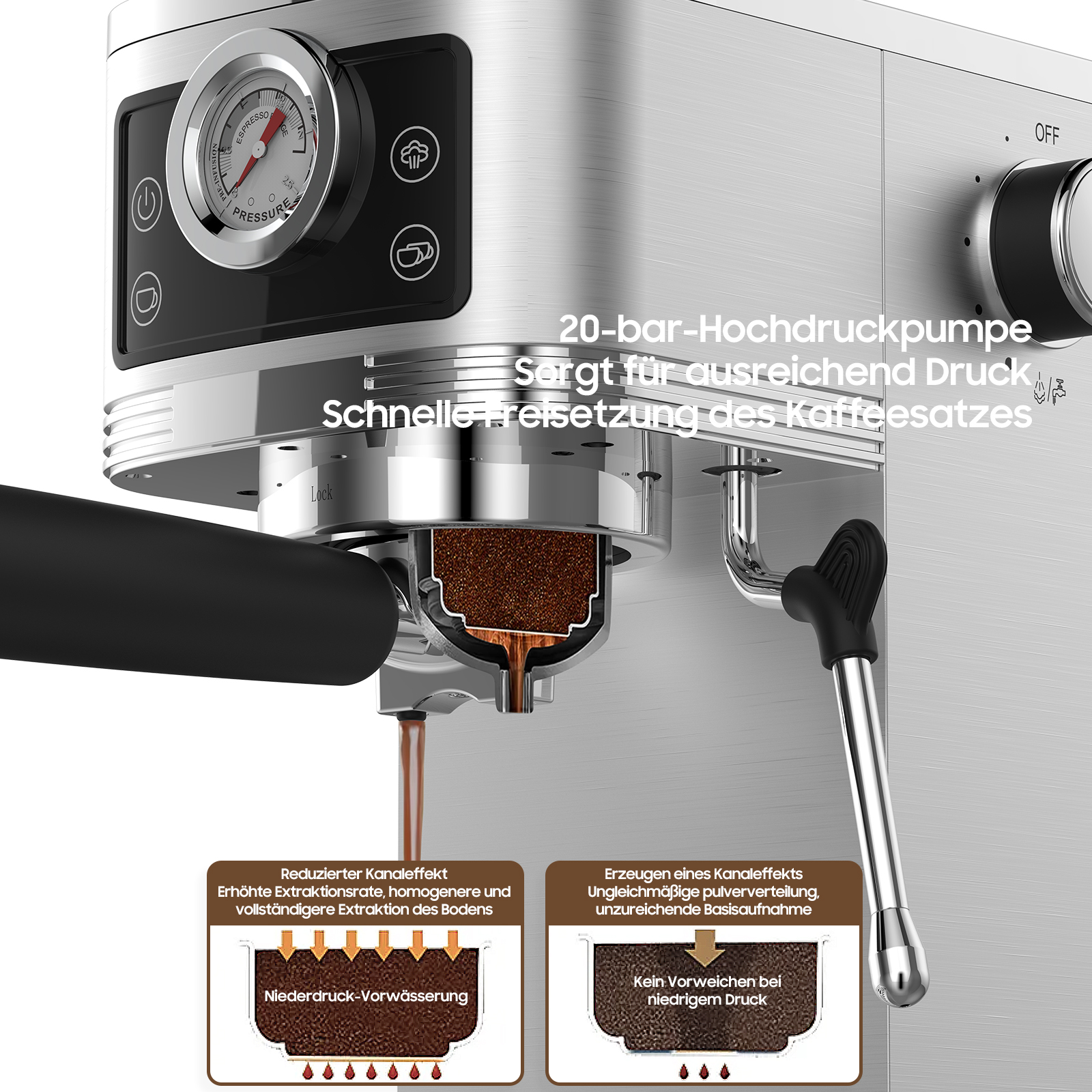 Nahaufnahme einer Kaffeemaschine mit Komponenten und Diagrammen, deutscher Text.
