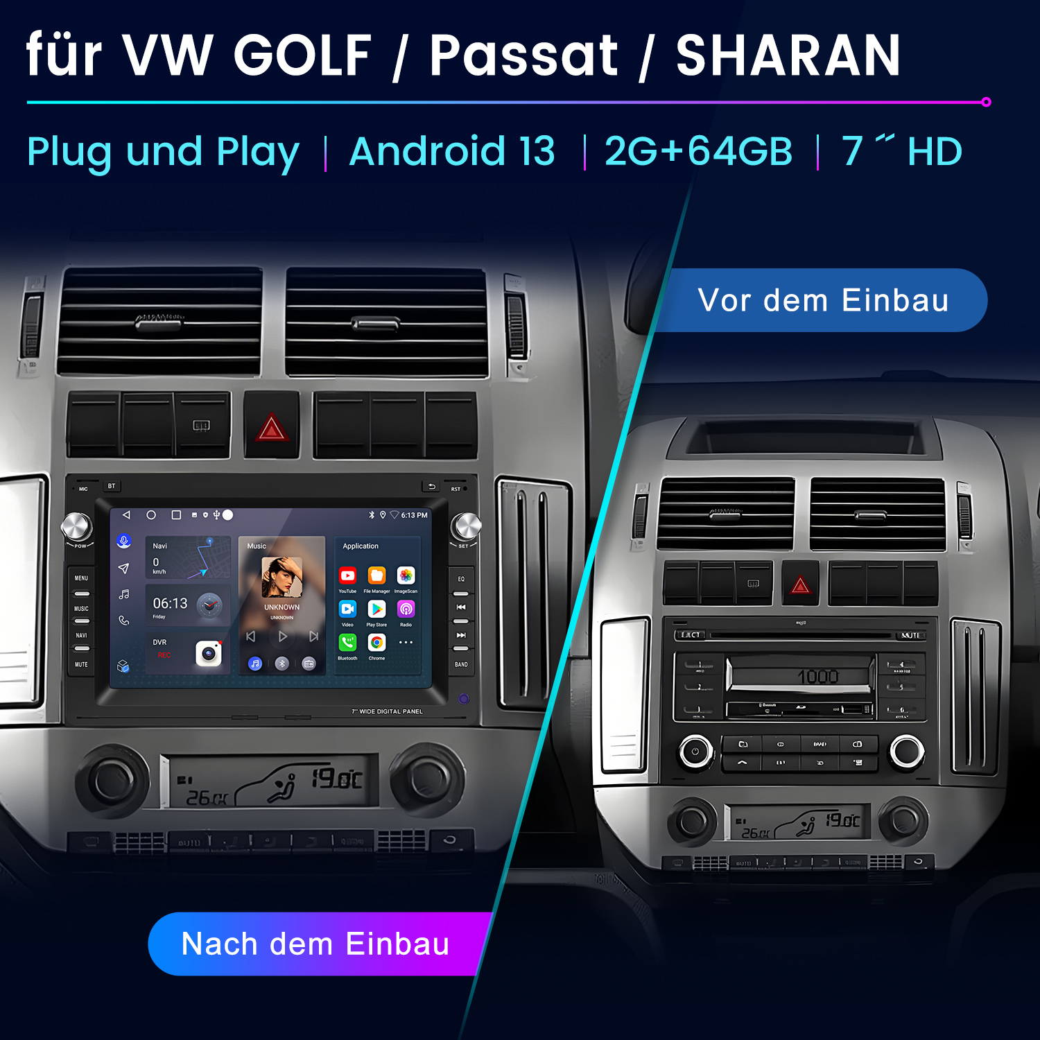Autoradio-Installation. Vorher-Nachher-Bilder eines Autoradiosystems.