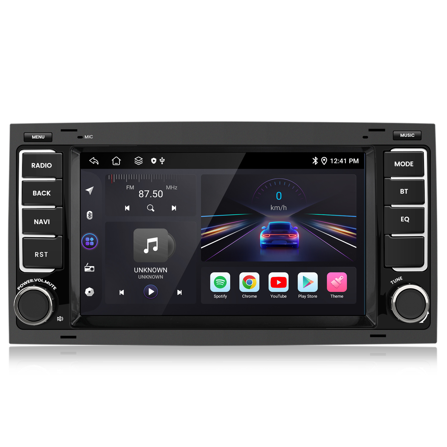 Auto-Stereoanlage mit großem Bildschirm, der Karte, Musiksteuerung und App-Icons zeigt.