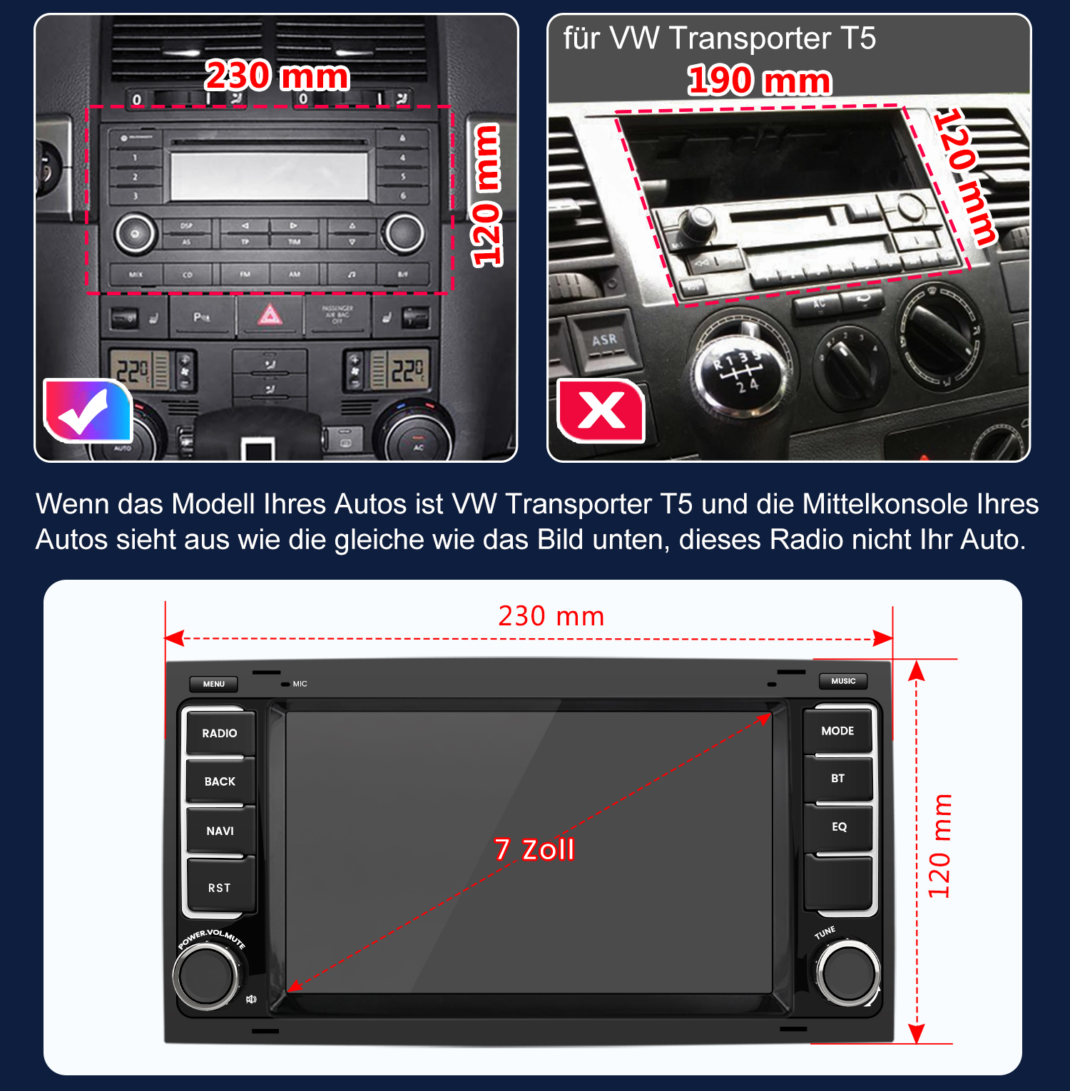 Autoradio mit Maßen und Warnung für VW Transporter T5.