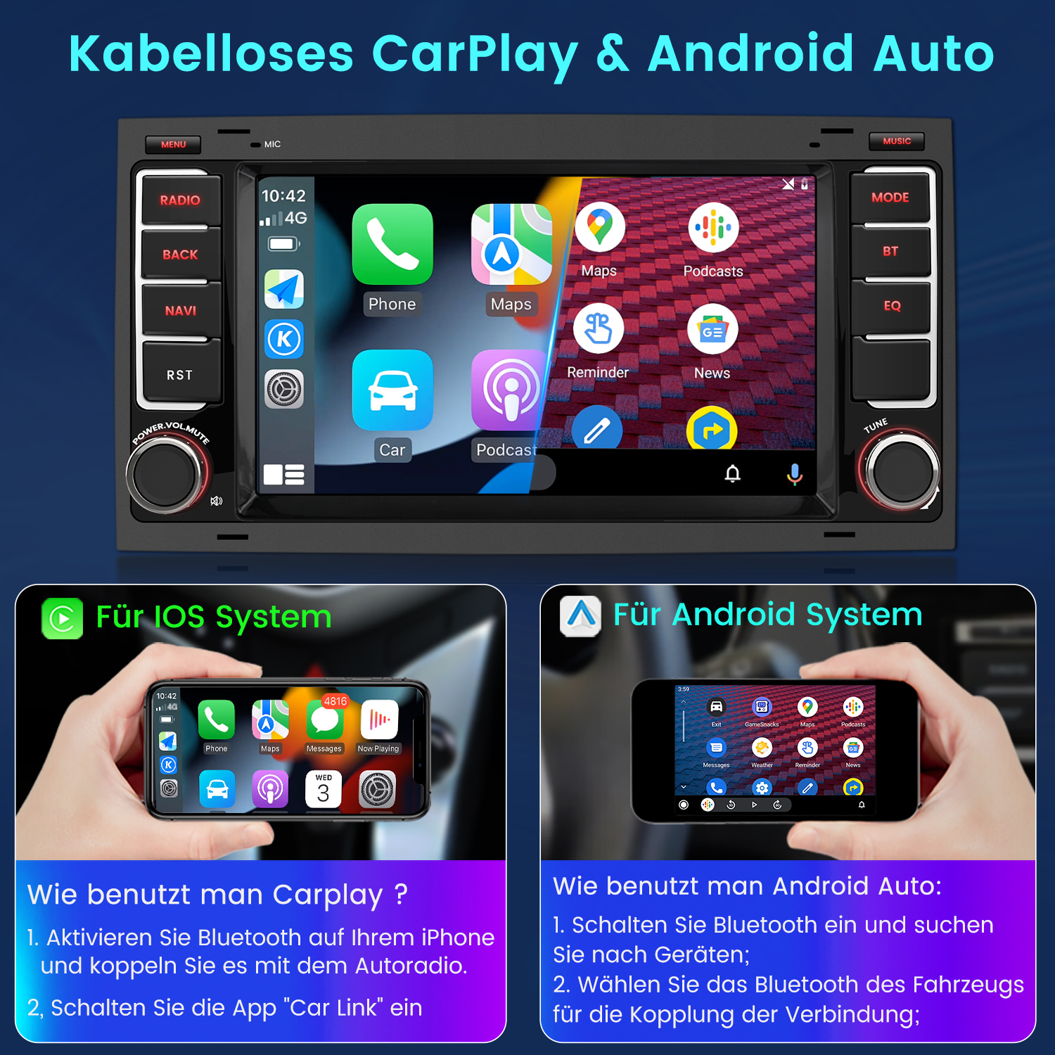 Bildschirm des Auto-Multimedia-Systems mit CarPlay- und Android Auto-Einrichtungsanleitungen.