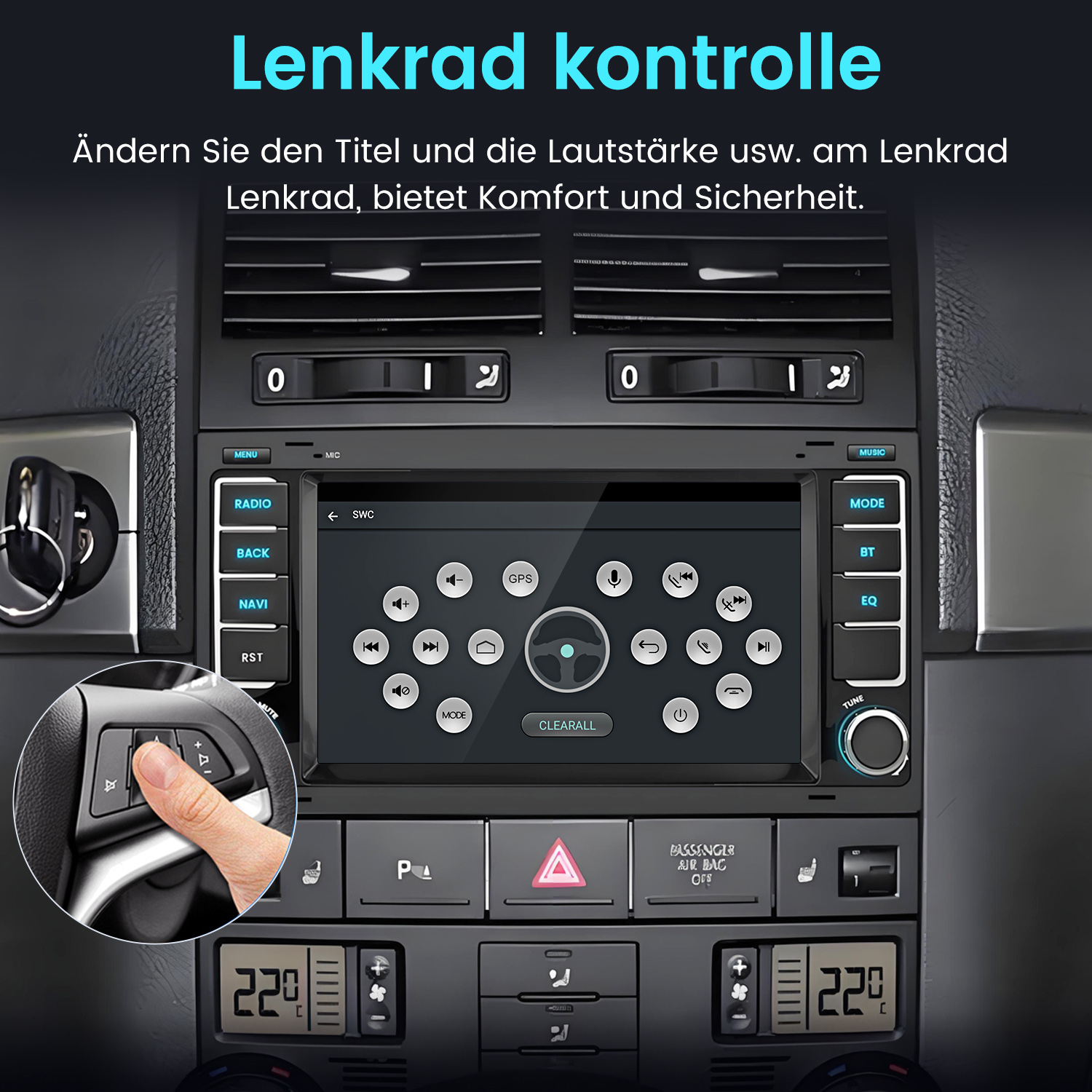 Auto-Armaturenbrett mit zentralem Bildschirm, der Bedienelemente zeigt, eine Hand verwendet Lenkradbedienelemente.