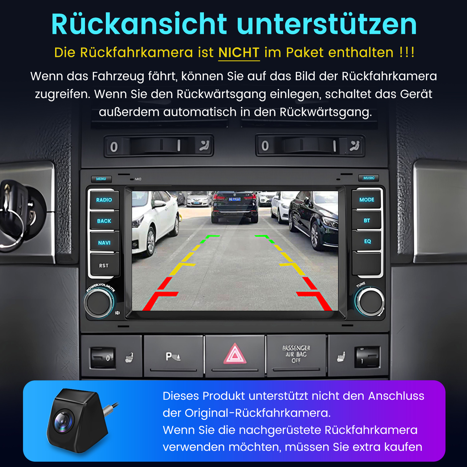 Autoradio-Bildschirm mit Rückfahrkameraansicht. Umgeben von dem Armaturenbrett des Autos.
