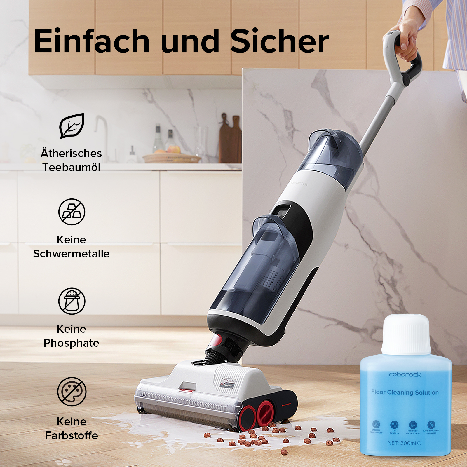 Ein Reinigungsroboter mit einer Flasche Reinigungslösung daneben, mit Symbolen.