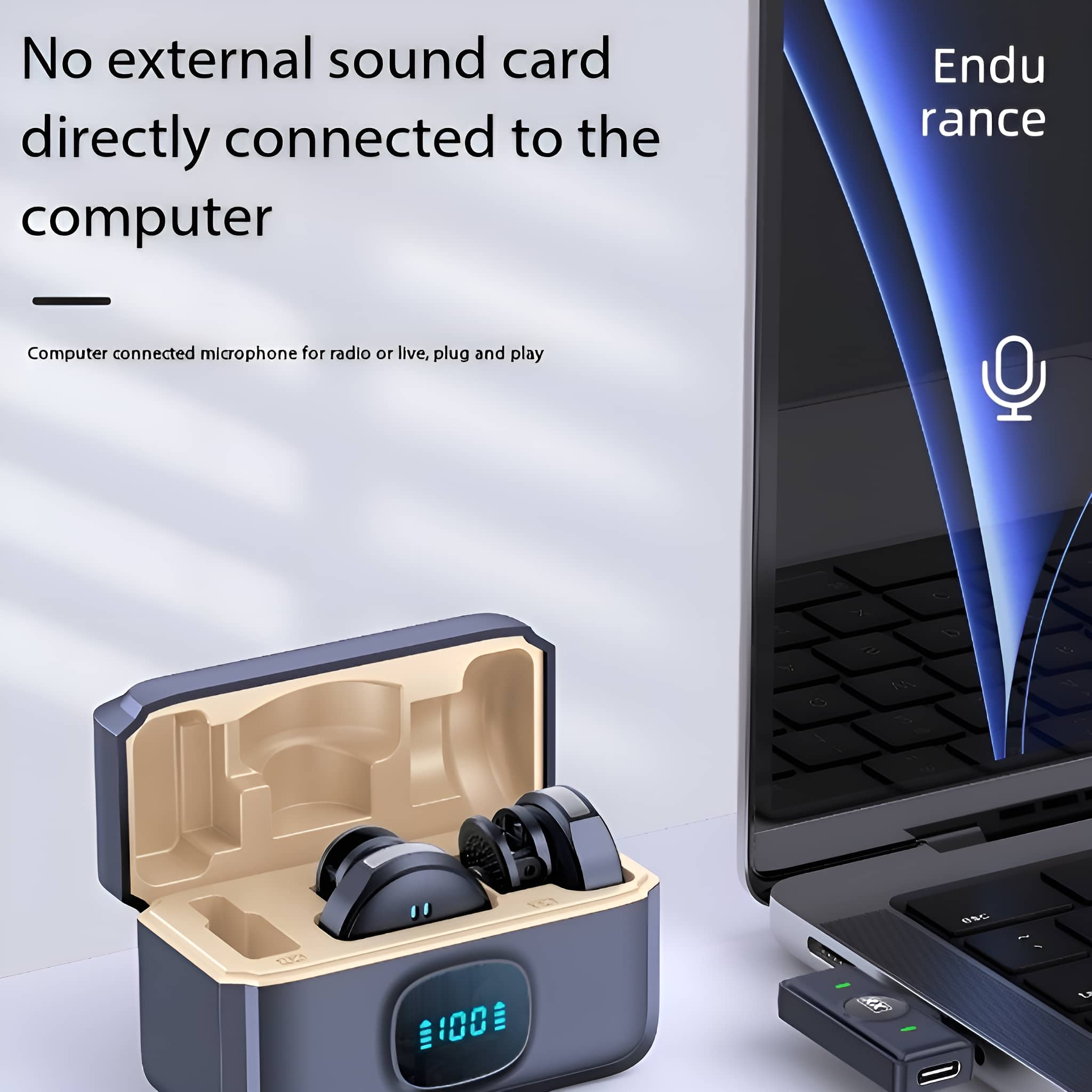 Ohrhörer in einem Etui, verbunden mit einem Laptop. Text: Keine externe Soundkarte direkt mit dem Computer verbunden.