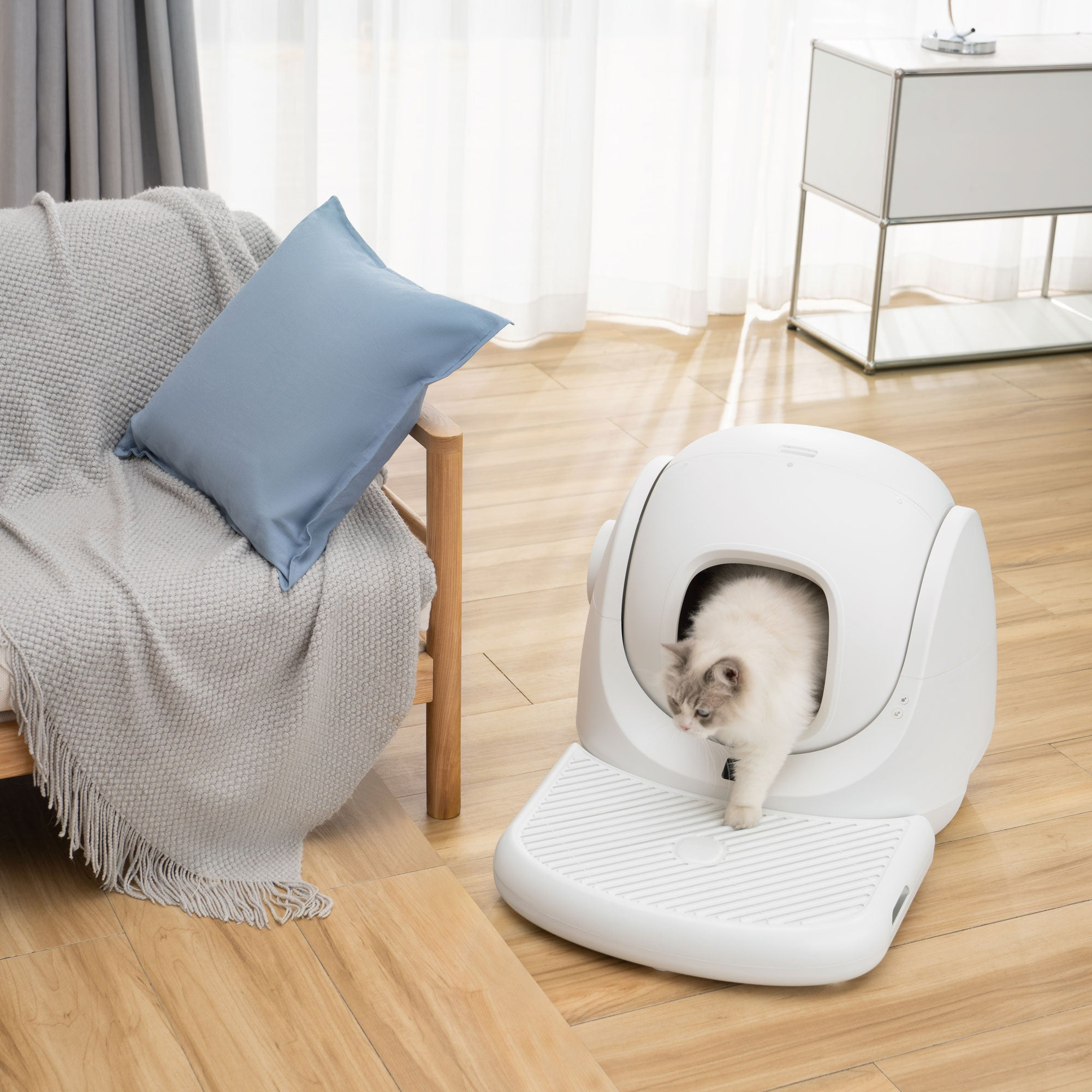 A white cat exiting a white, automated cat litter box. A blue pillow and a couch nearby.