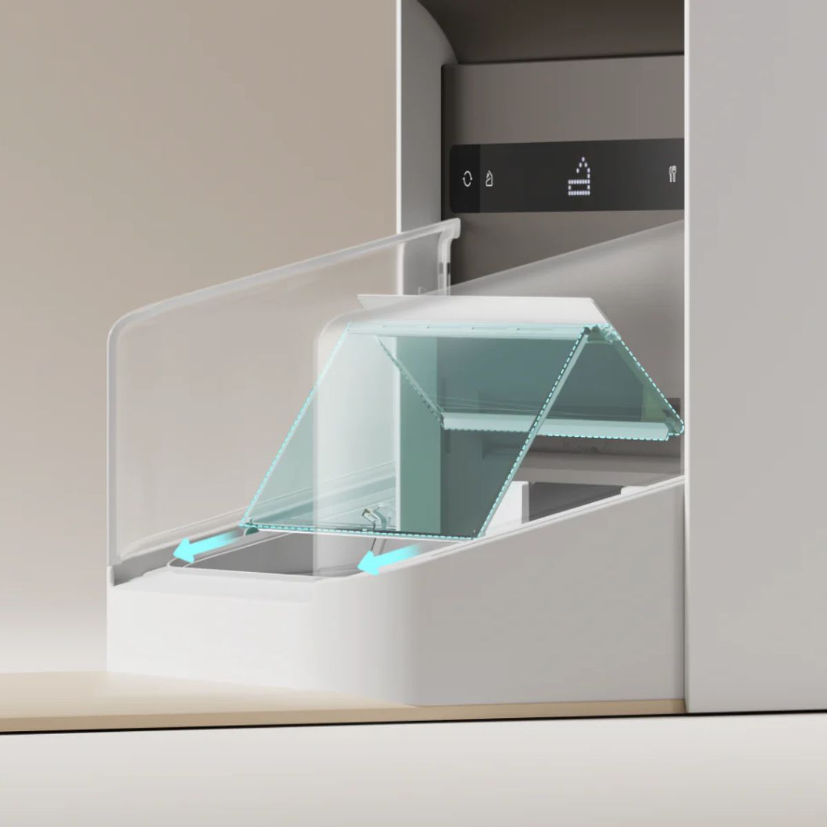 Un electrodoméstico blanco con una parte transparente, triangular y plegable que se abre para revelar estantes.