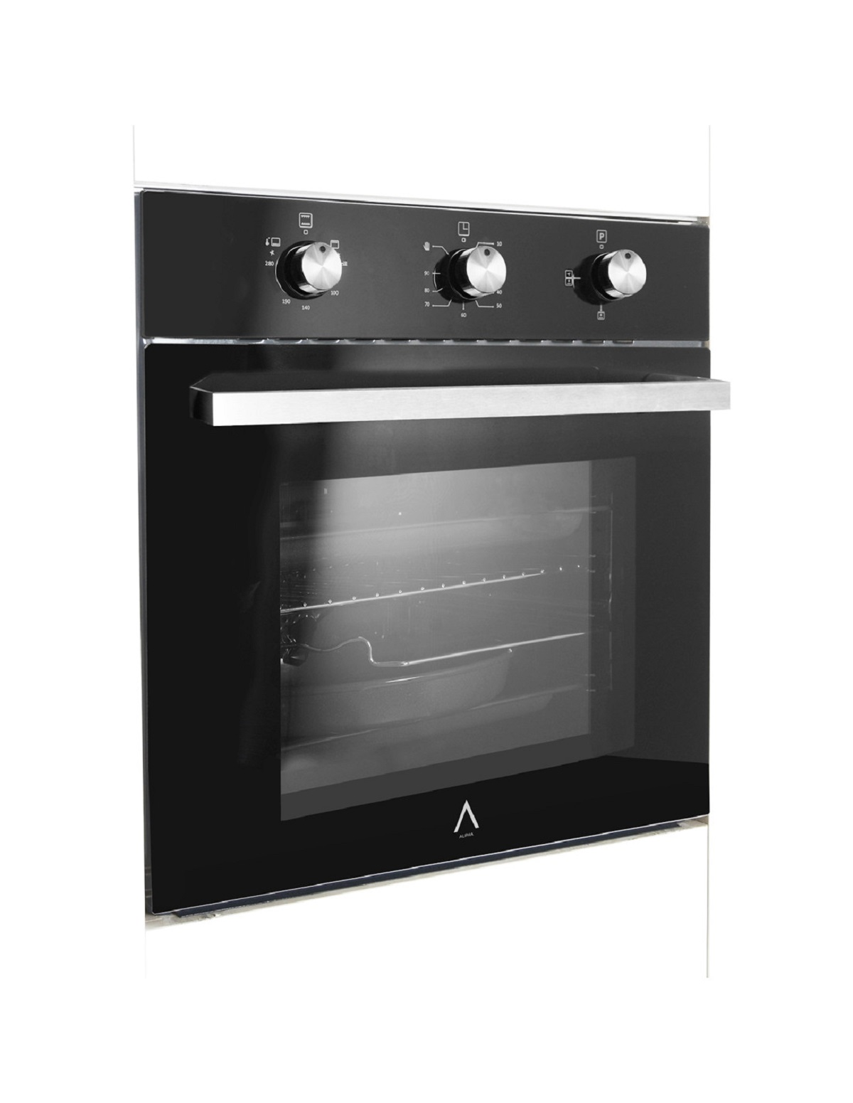 Un horno negro empotrado con mandos, en una cocina blanca.