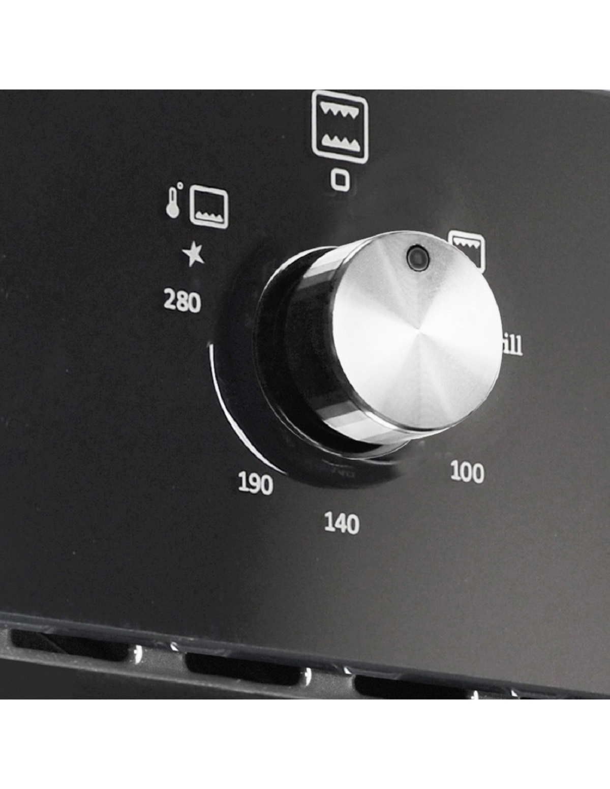 Panel de control de horno negro con marcas de temperatura y perilla central.