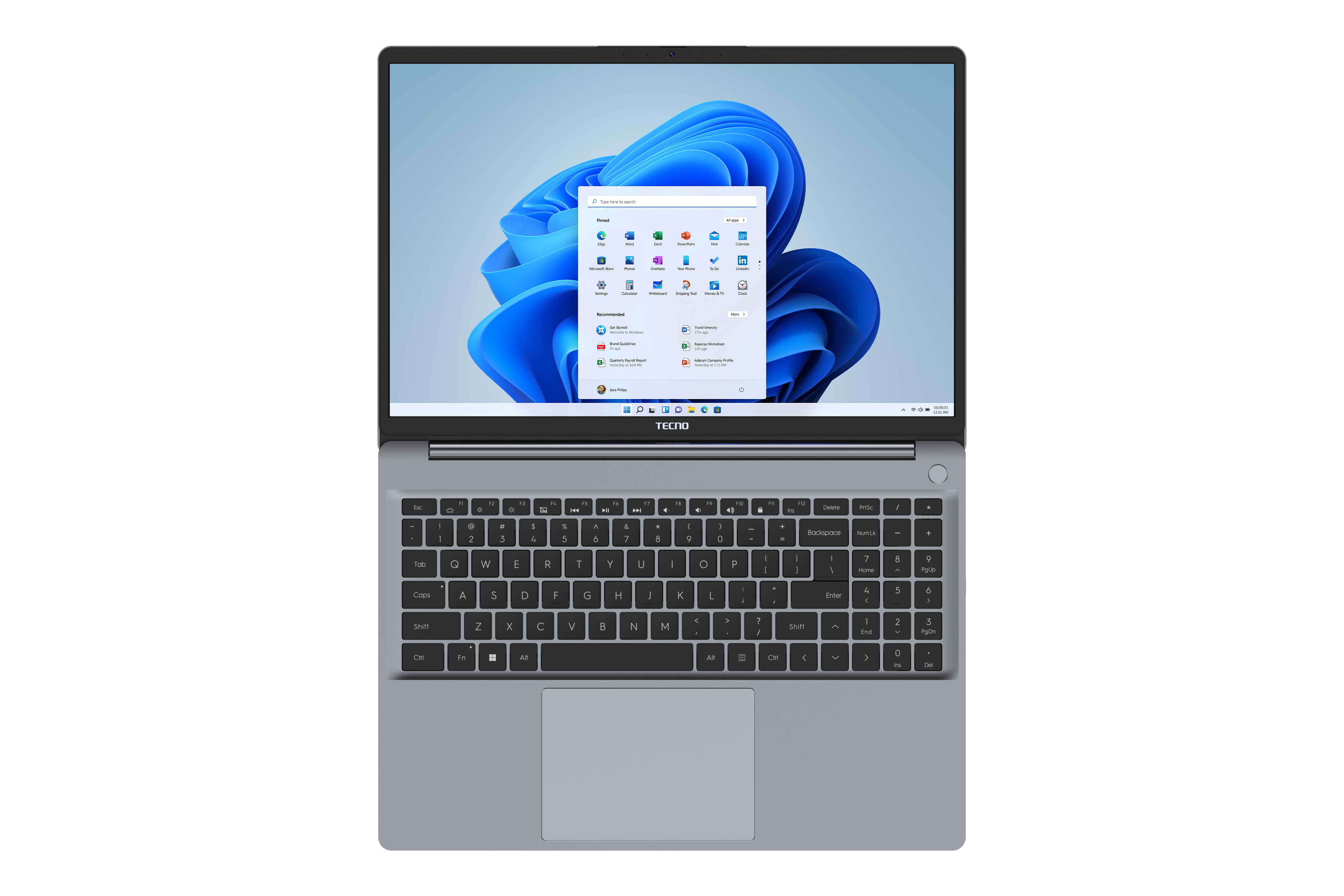 Un portátil con la interfaz de Windows 11 en la pantalla, sobre un fondo negro.