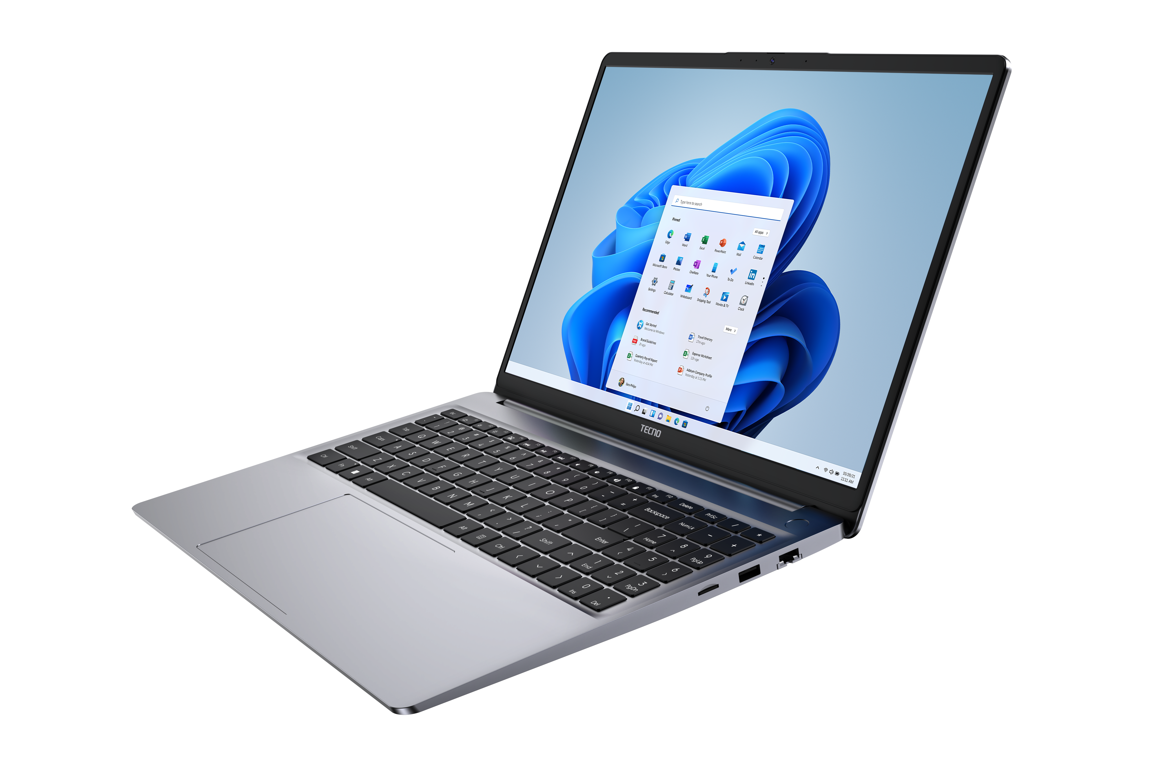 Un portátil plateado abierto con Windows 11.