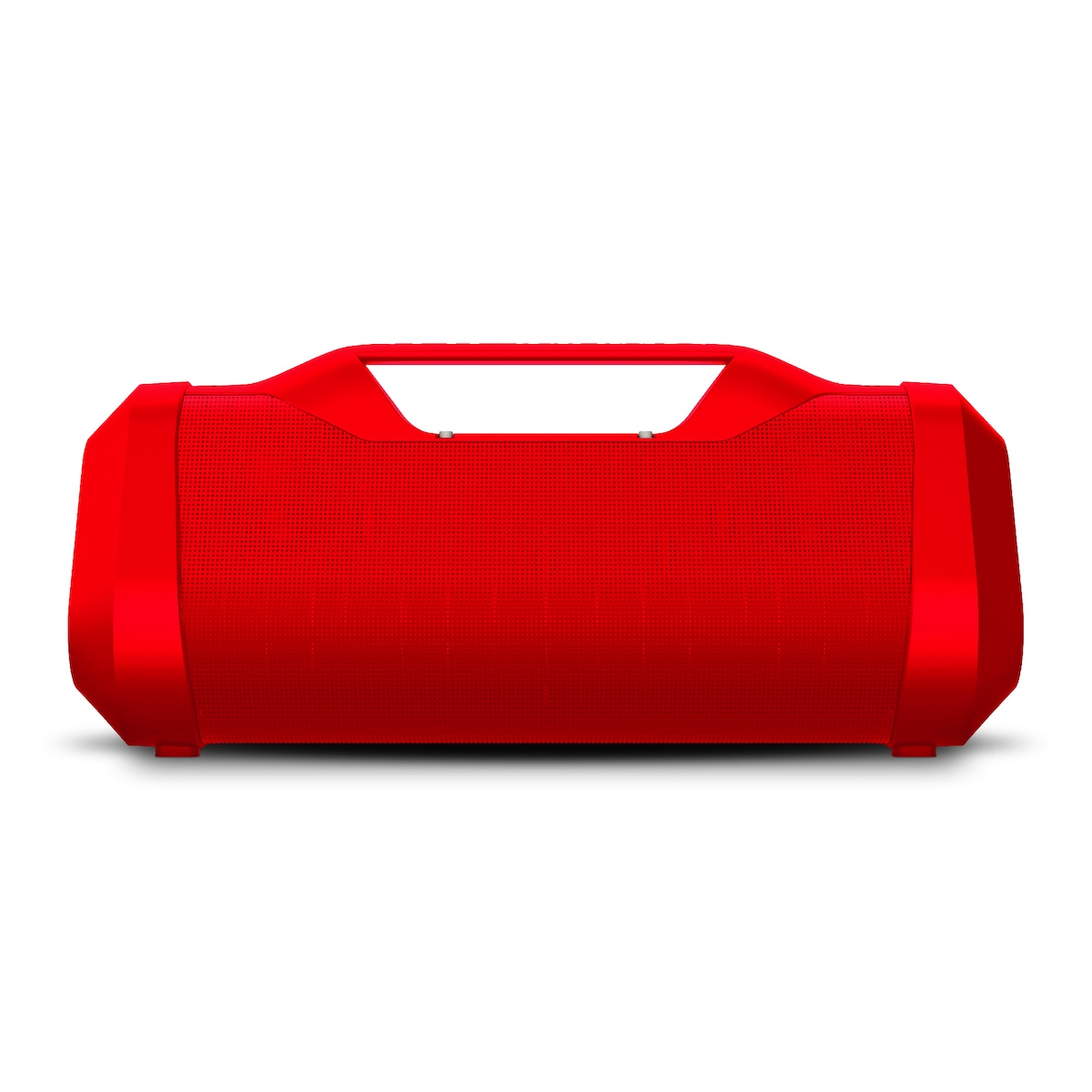 Un altavoz portátil rectangular rojo con un asa en la parte superior, colocado sobre un fondo blanco.