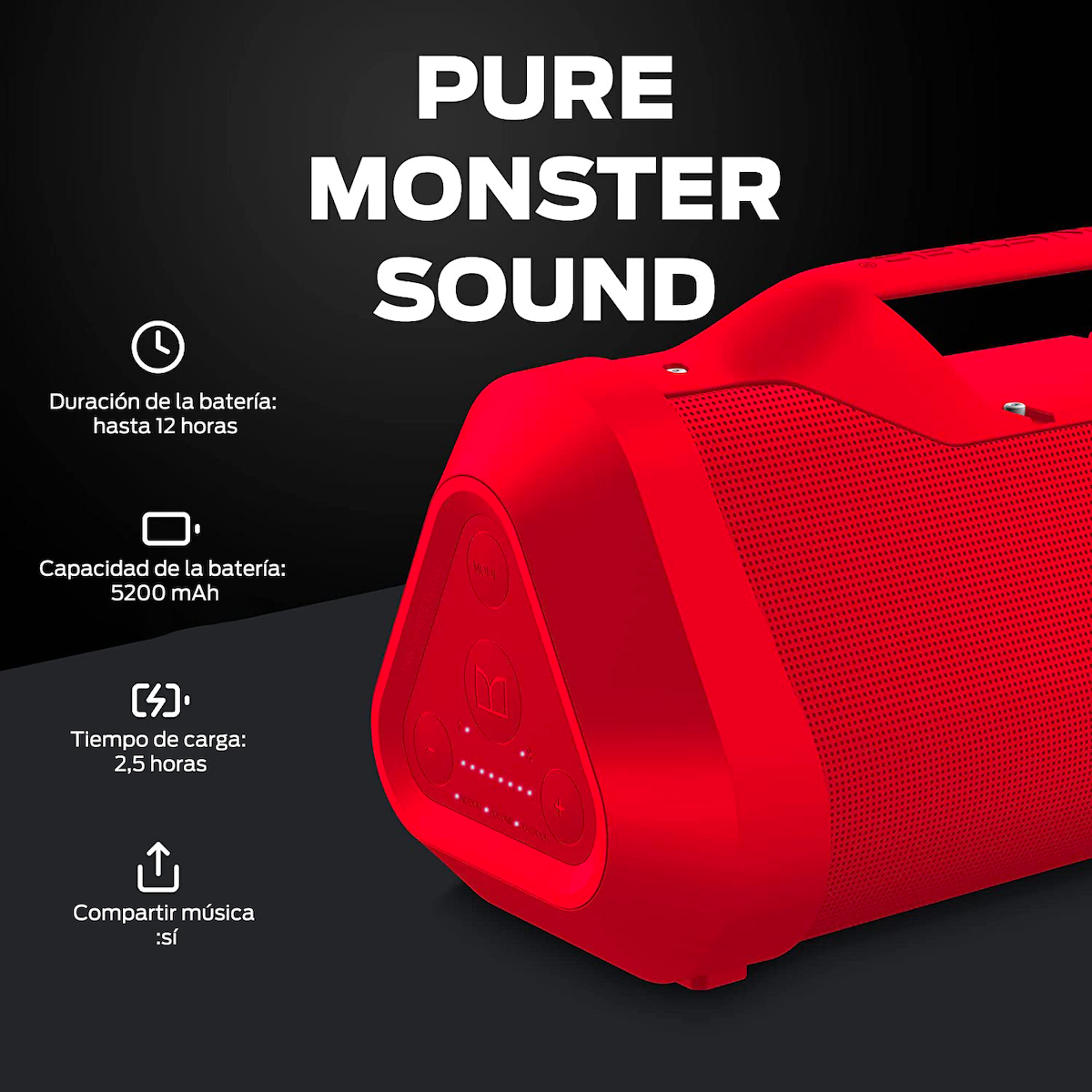 Altavoz portátil rojo. Texto: PURE MONSTER SOUND, detalles de la batería.