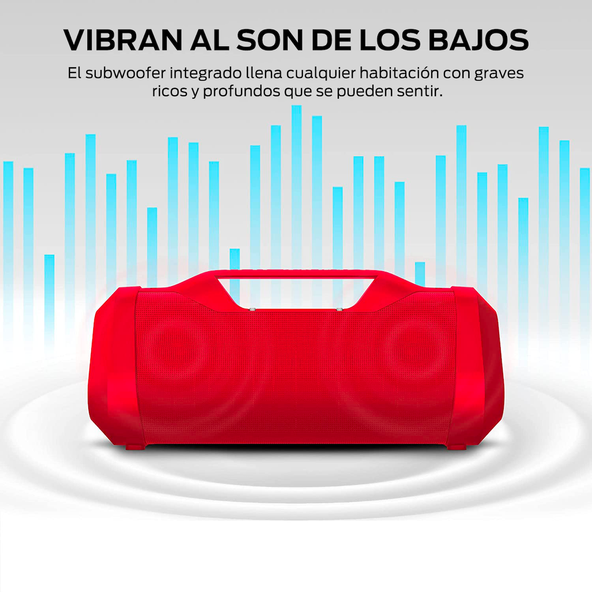Altavoz rojo sobre superficie blanca. Líneas azules detrás, texto arriba.