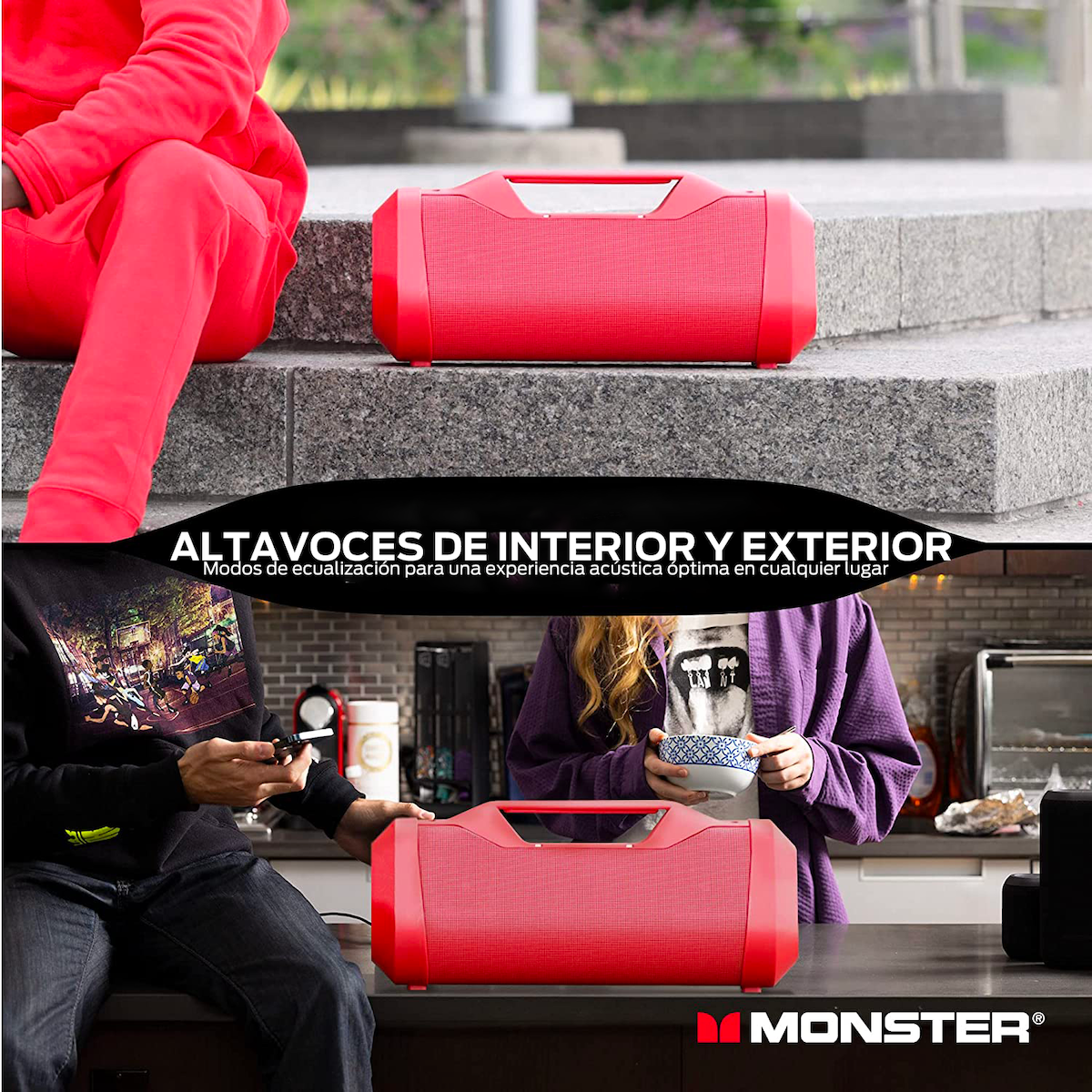 Dos altavoces rojos con asa roja. Personas interactuando con los altavoces en un entorno exterior.
