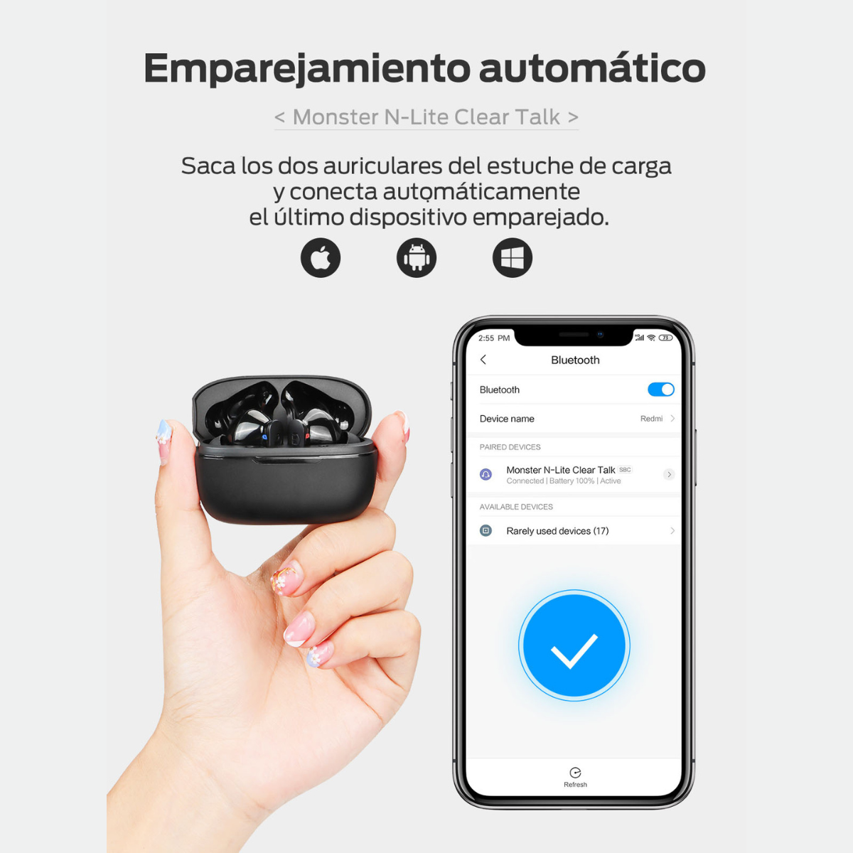 Ein Smartphone zeigt die Kopplung schwarzer Ohrhörer mit einem Ladecase via Bluetooth an.