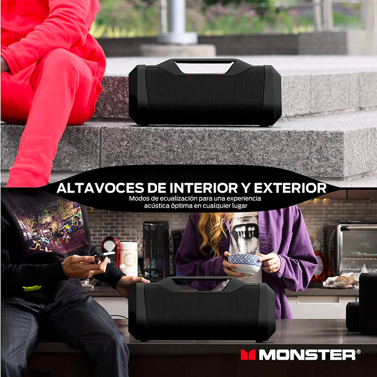 Dos altavoces, uno en escaleras, uno adentro, con texto sobre uso interior y exterior.
