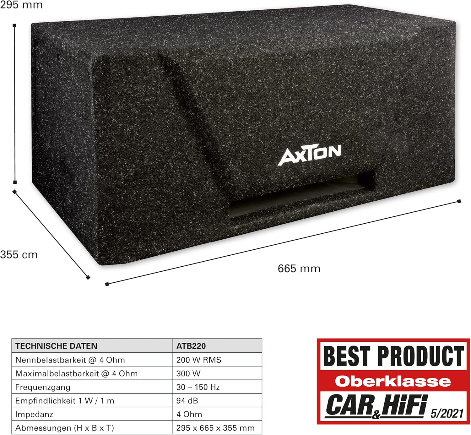 Schwarze Subwoofer-Box, Abmessungen gezeigt. Das Axton-Logo ist sichtbar. Technische Daten und „BESTES PRODUKT“-Abzeichen sind ebenfalls vorhanden.