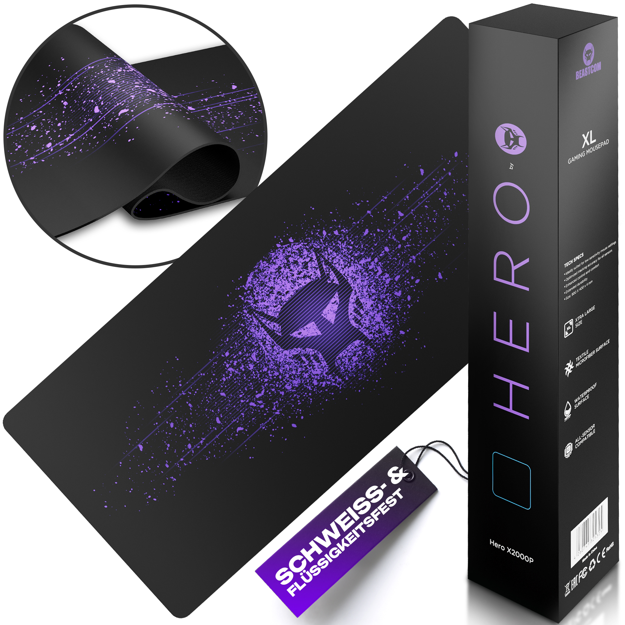 Czarna podkładka pod mysz dla graczy z fioletowym logo i pudełkiem produktu na białym tle.