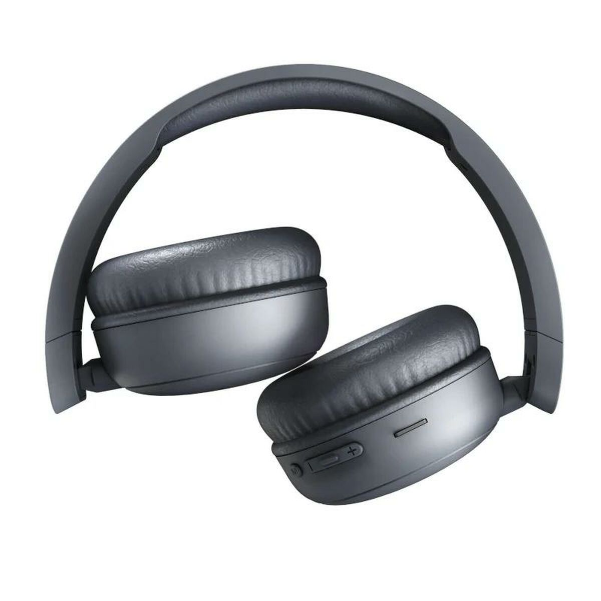 Auriculares grises plegables con diadema y almohadillas acolchadas, que muestran los controles de volumen.