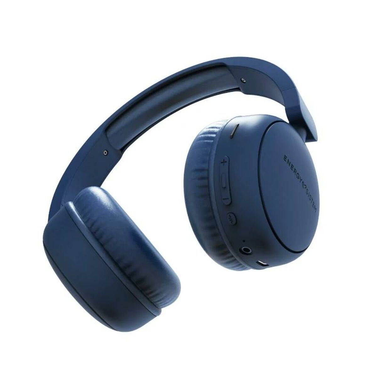 Blaue Over-Ear-Kopfhörer, angewinkelt auf weißem Hintergrund.