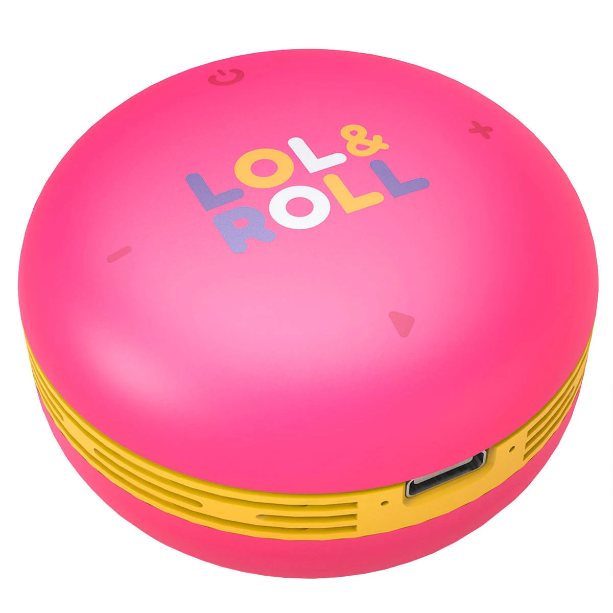 Różowy i żółty głośnik z portem USB i napisem "LOL & ROLL" na górze.
