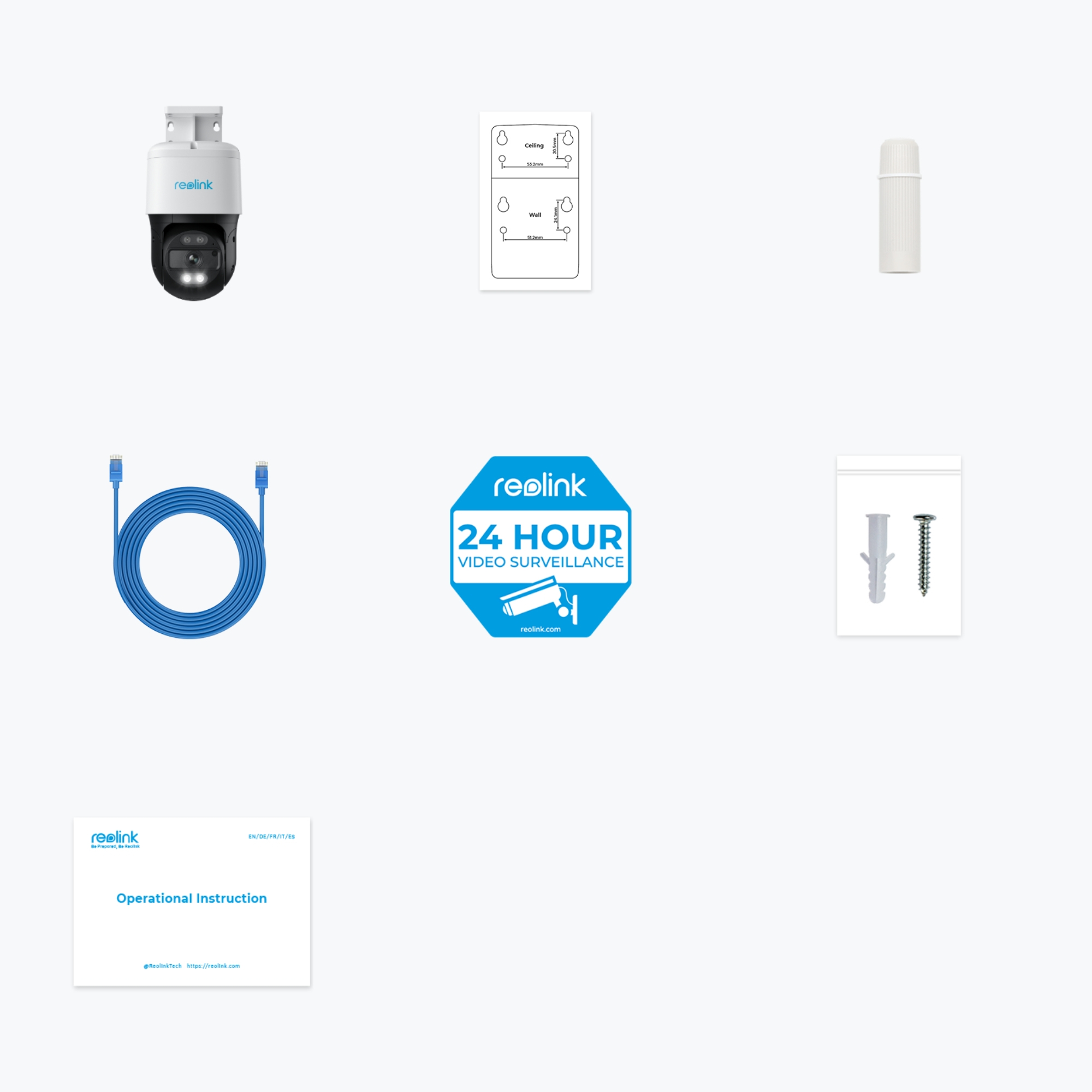 Różne komponenty systemu kamer bezpieczeństwa Reolink, w tym kabel i akcesoria montażowe.