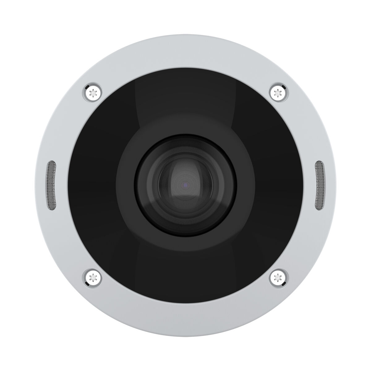 Zbliżenie kamery bezpieczeństwa, czarny obiektyw pośrodku, otoczony białą ramką ze śrubami.