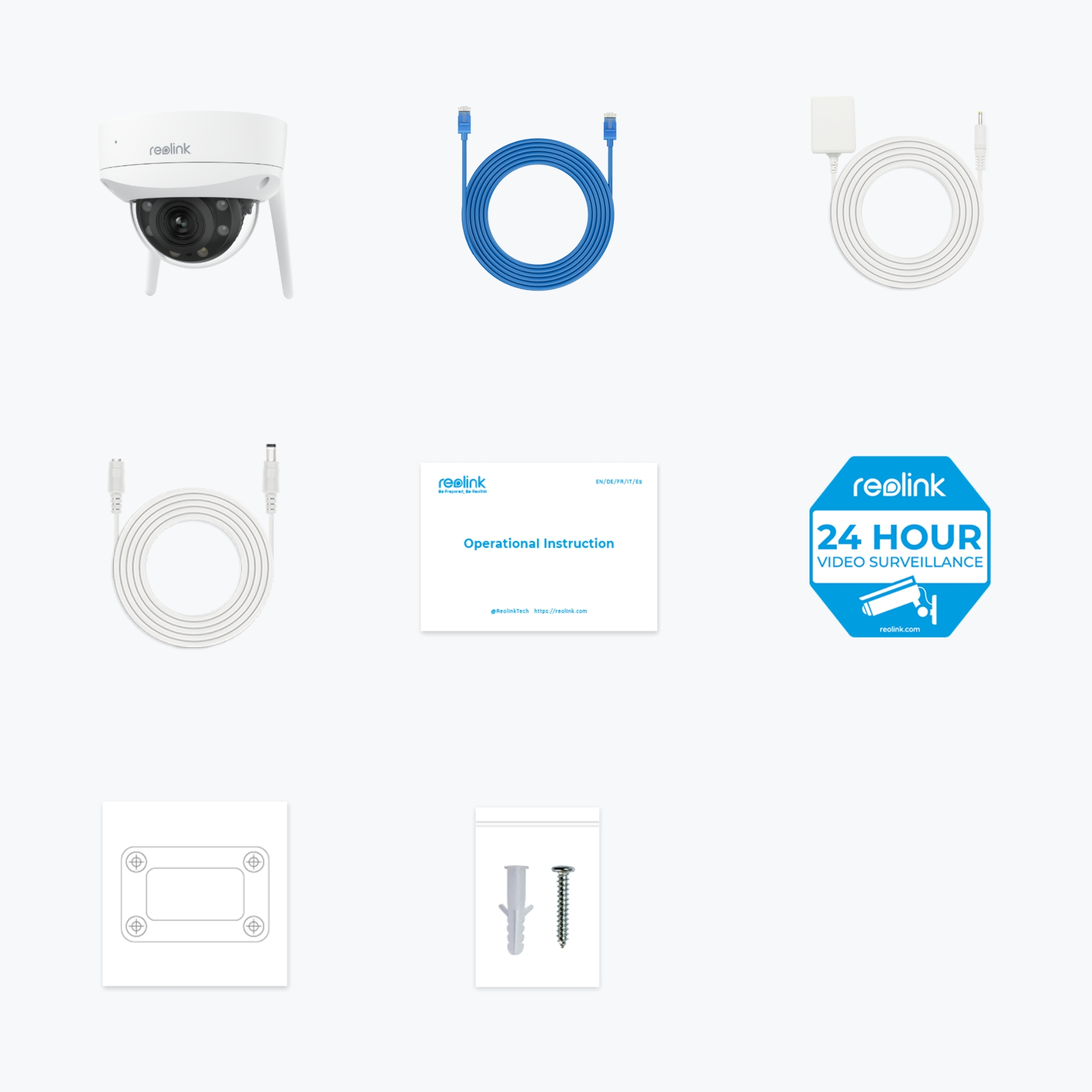 Różne akcesoria do kamer bezpieczeństwa. Białe tło.