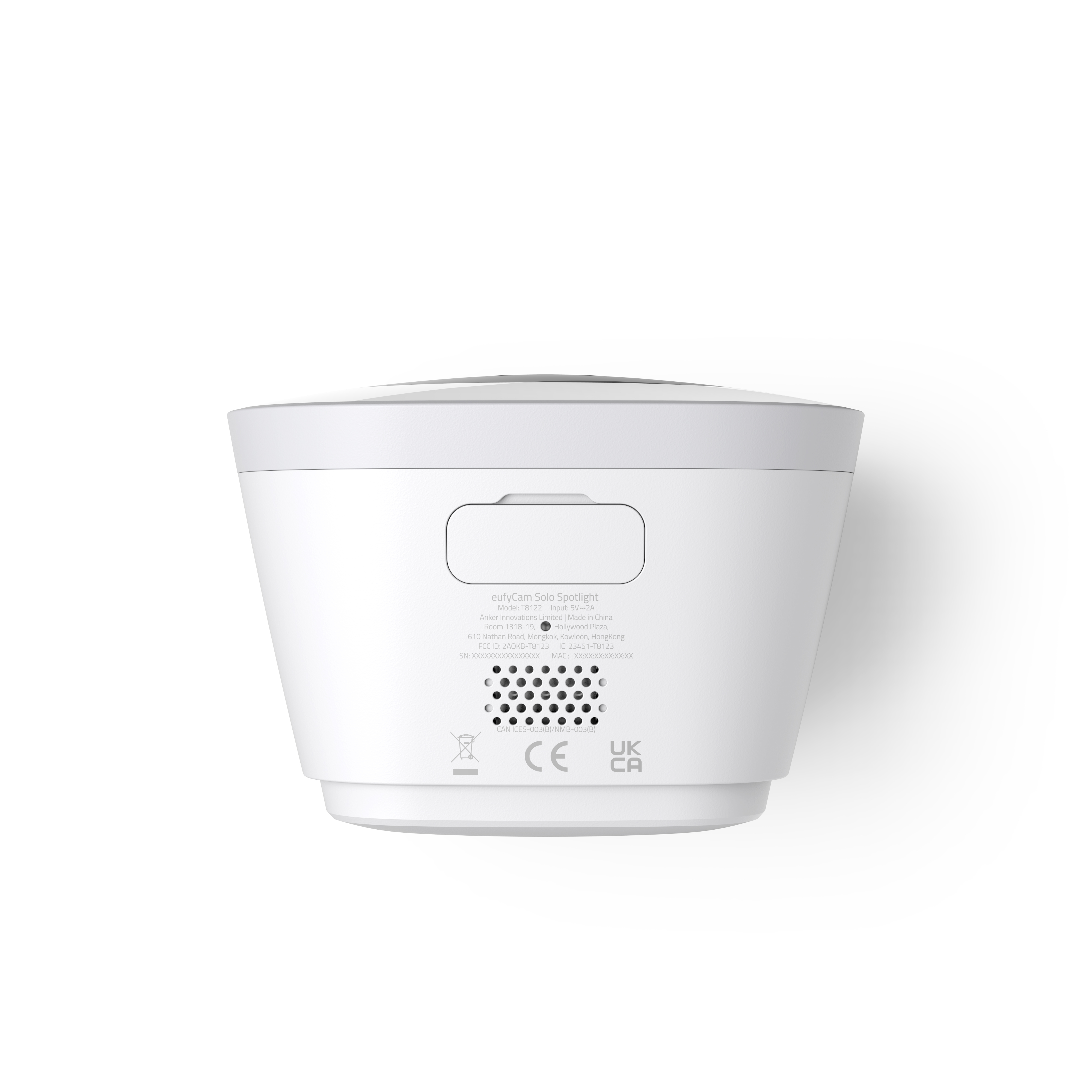 Biała kamera bezpieczeństwa z czarnym panelem tylnym. Tył ma etykietę modelu i kratkę głośnika.