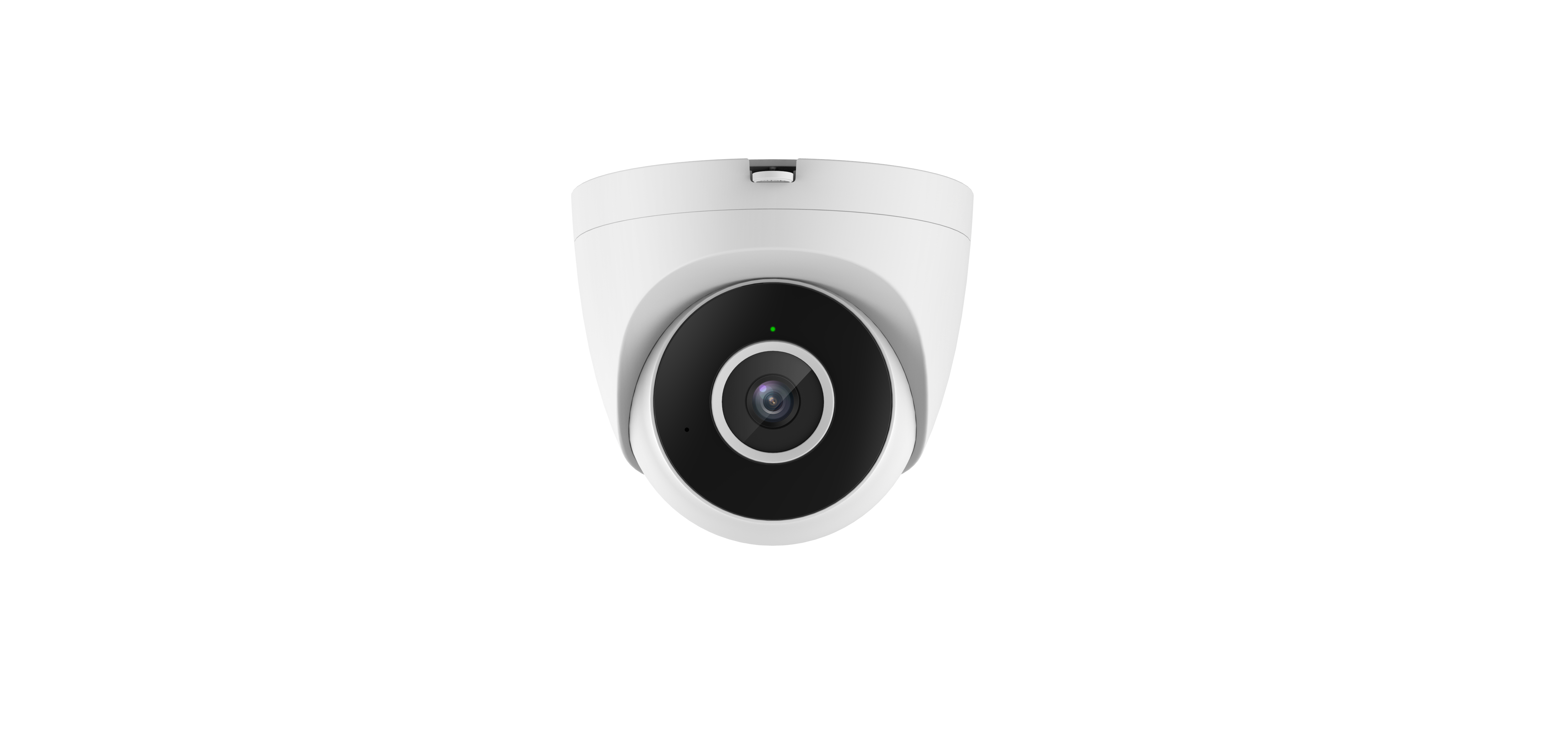 Telecamera di sicurezza bianca con lente nera. La telecamera è su sfondo bianco, vista frontale.