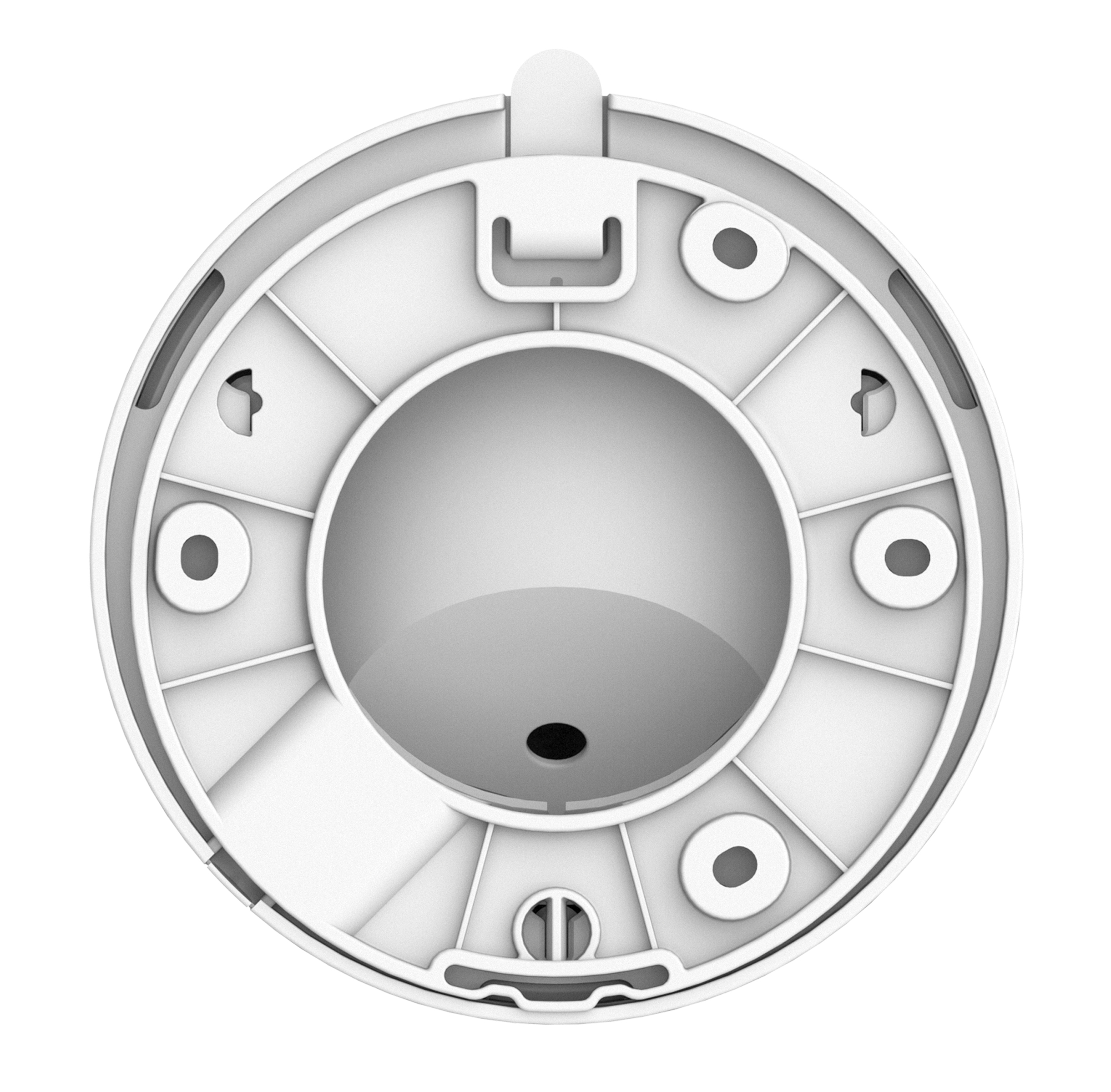 Base circolare bianca di un dispositivo, con fori circolari e rettangolari.