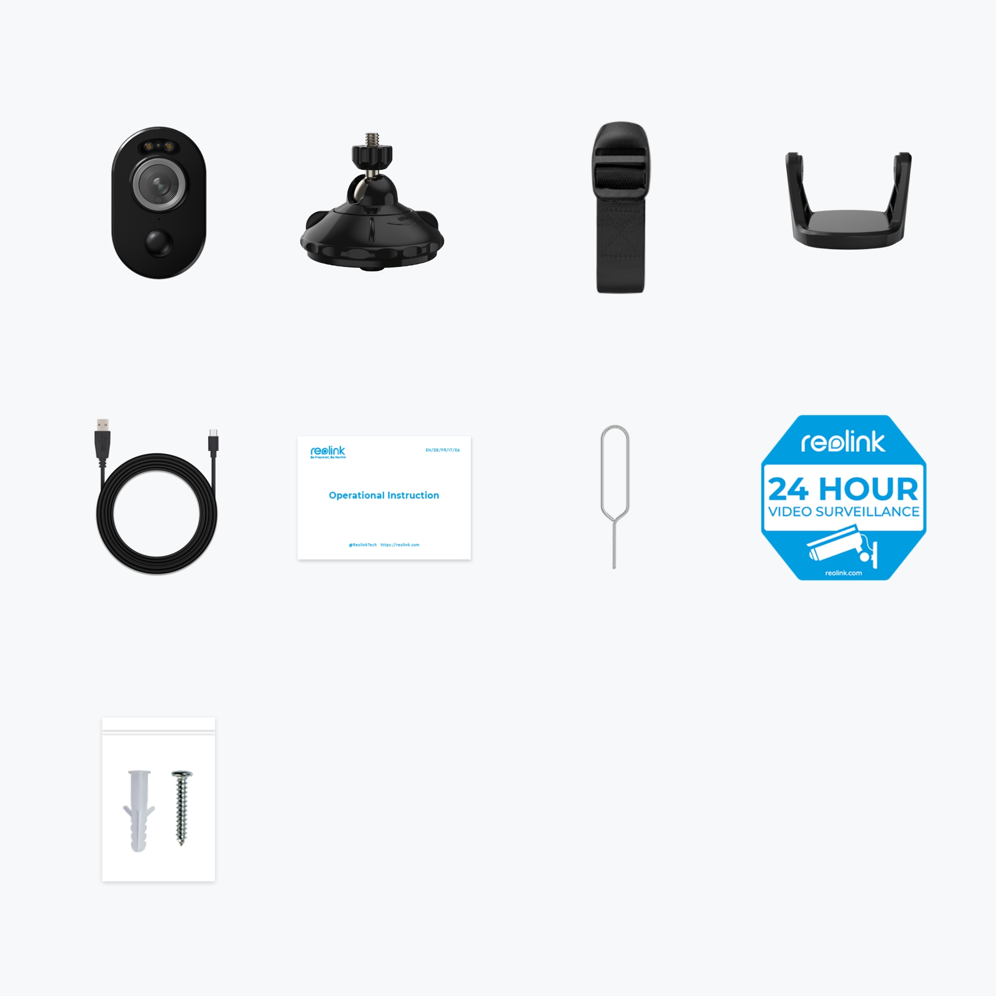 Różne akcesoria do aparatu: aparat, mocowanie, pasek, stojak, kabel, instrukcje i logo.