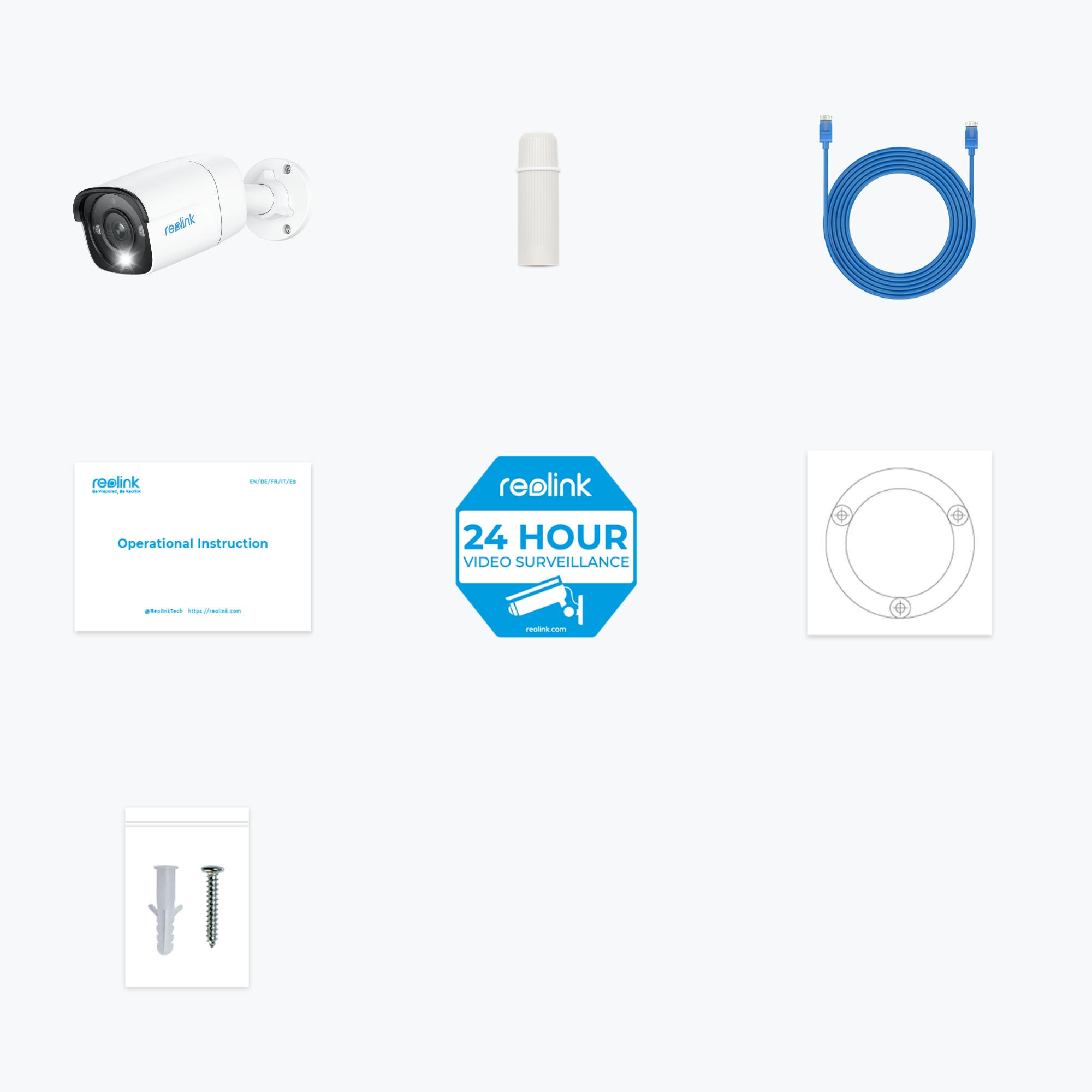 Różne akcesoria do kamery bezpieczeństwa Reolink: kamera, wspornik montażowy, kabel ładujący i śruby.