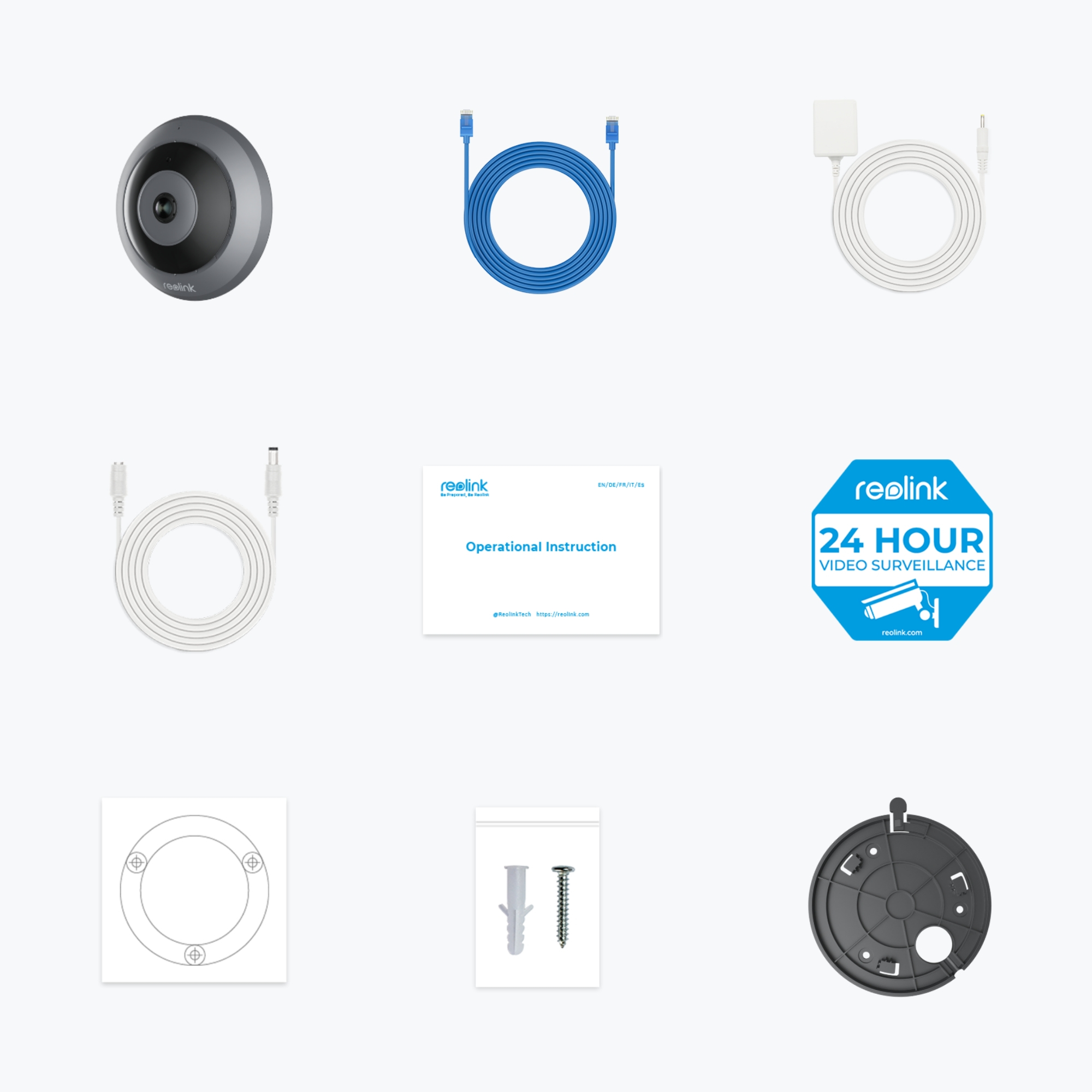 Ułożono dziewięć przedmiotów: kamera, niebieski kabel, biały kabel, biały kabel, instrukcja, wideo 24h, wspornik, śruby i czarny wspornik.